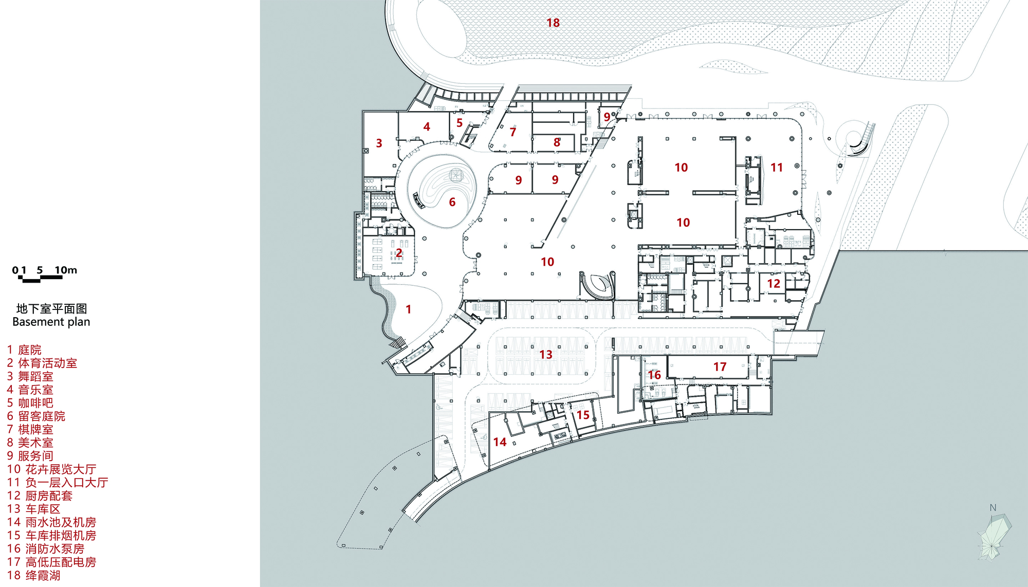 Basement floor plan drawing indicating the layout of rooms and circulation through the irregularly shaped structure