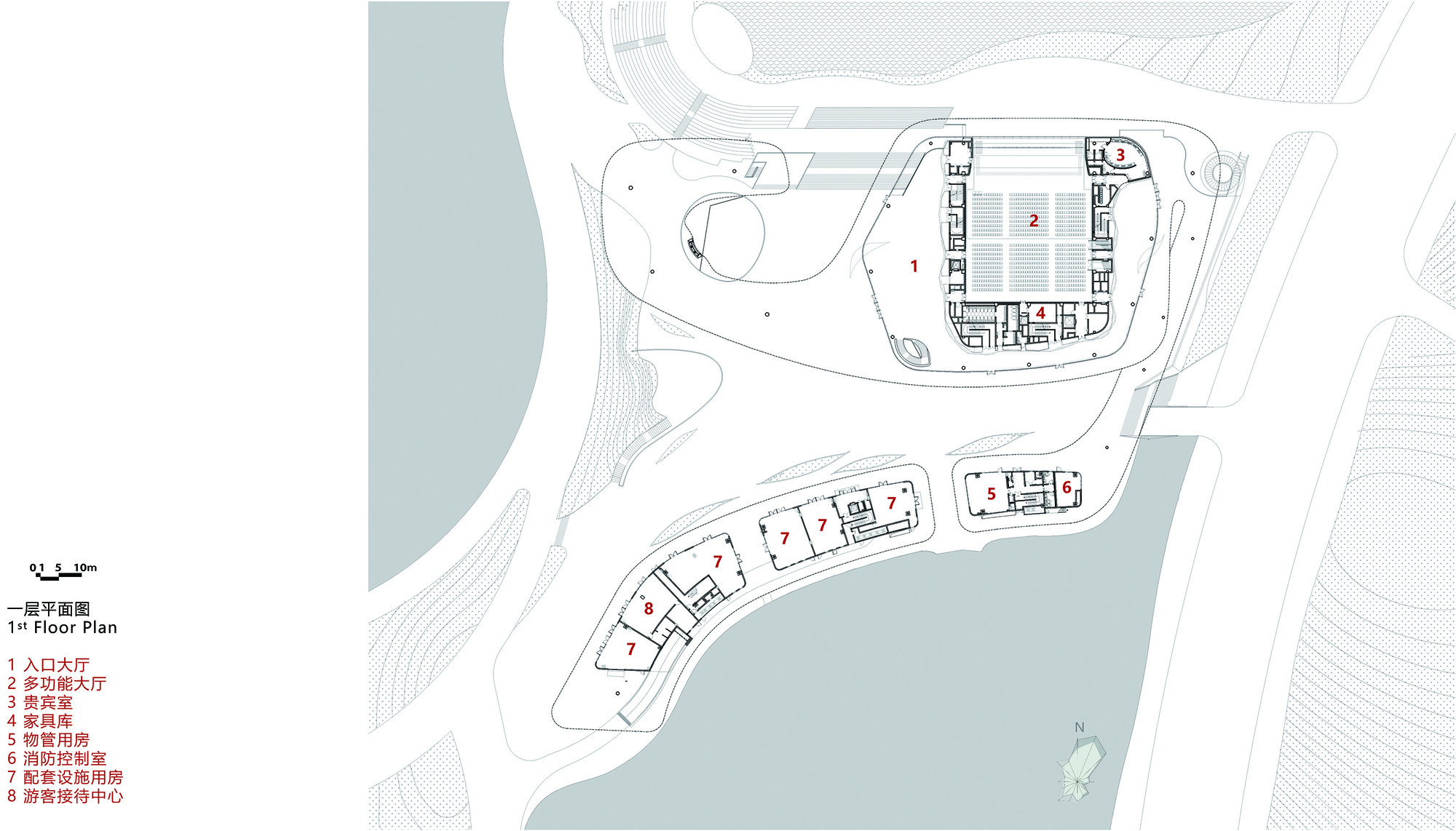 Floor plan drawing showing multiple curved building volumes along a waterfront with topographic contours