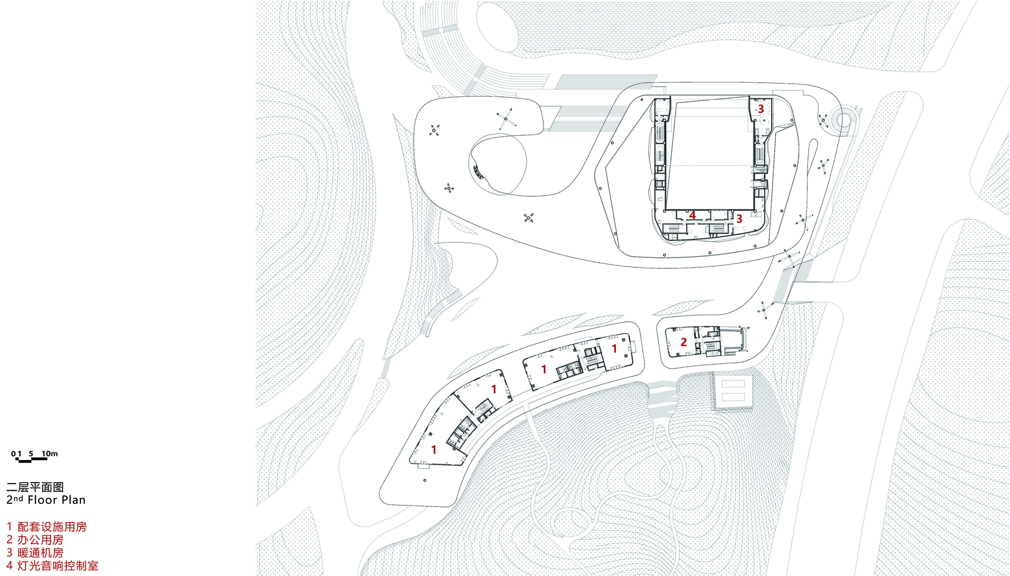 Floor plan drawing depicting clustered structures along a curving shoreline with detailed room layouts