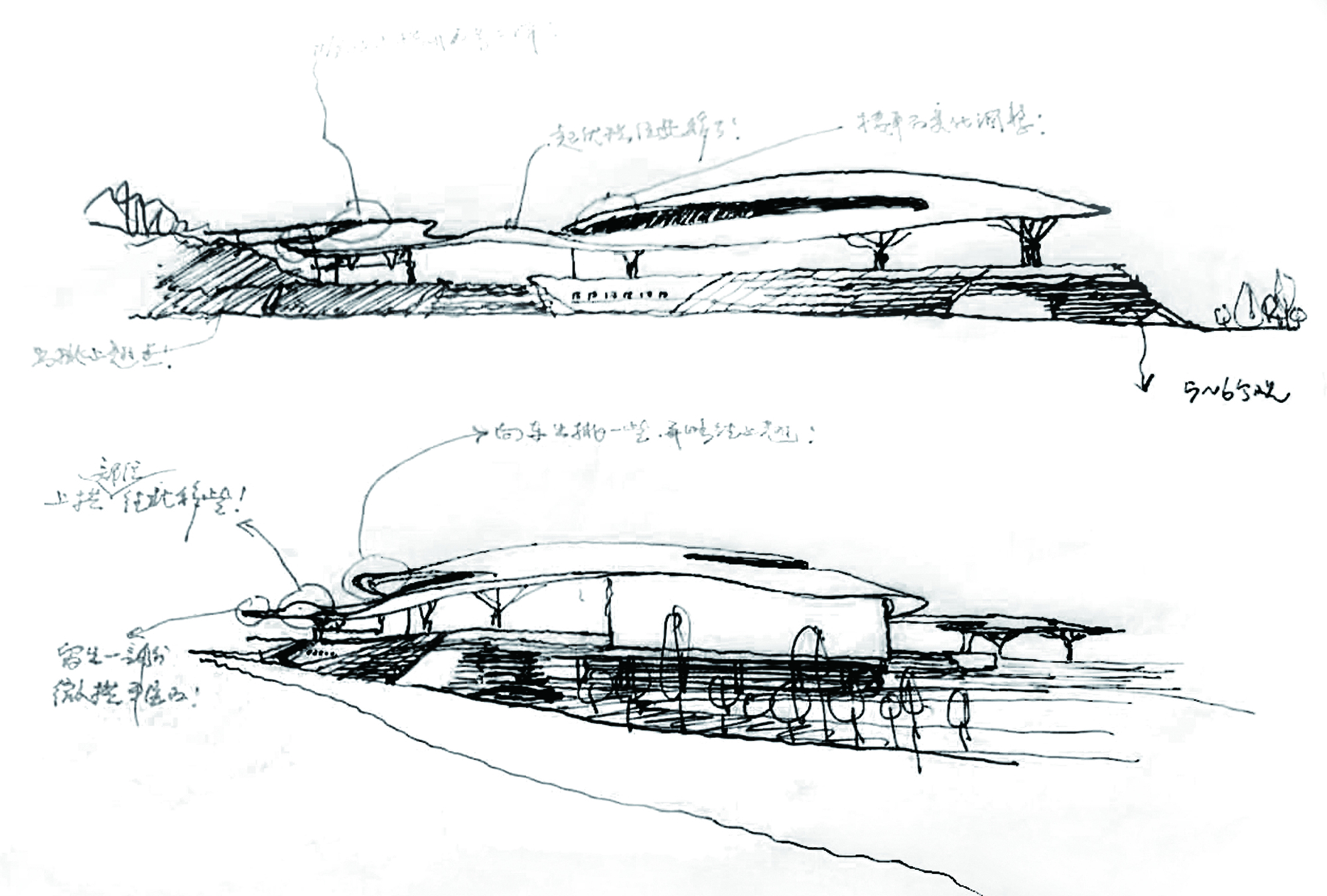 Sketch showing two perspective views of wave-like roof structures supported by columns above horizontal planes