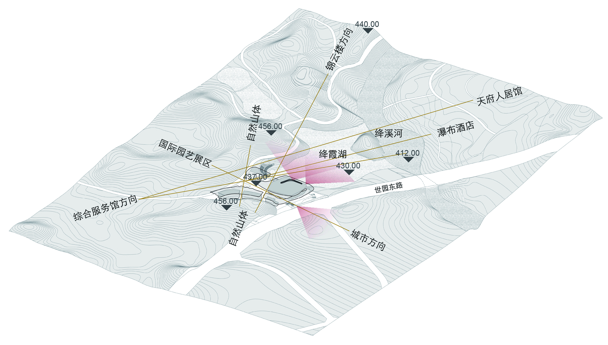 Site plan drawing with topographic contours showing three lobed volumes and radiating pathways