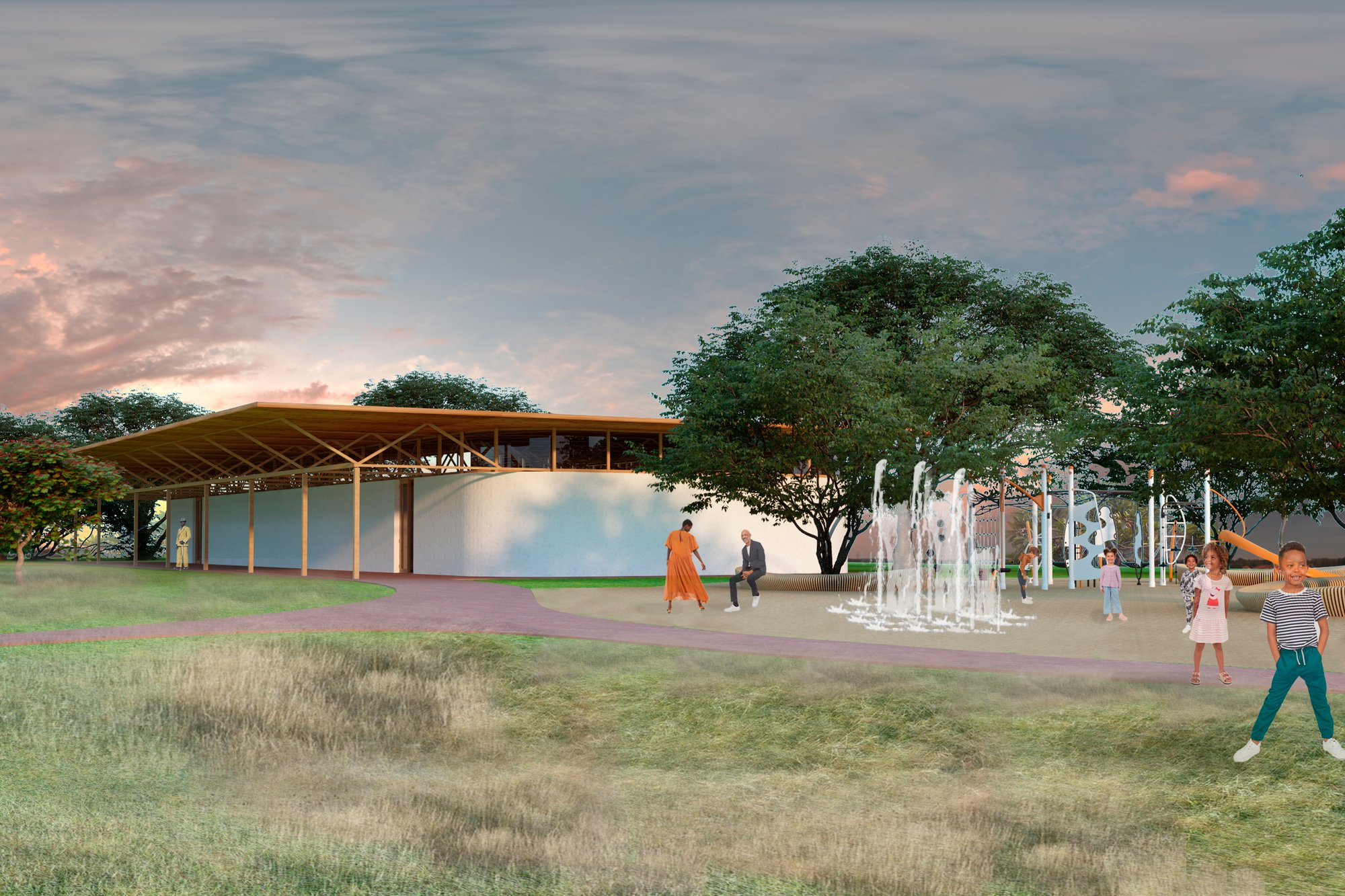 A multifunctional community space supports children, families, learning, and public gathering within the chapel garden.