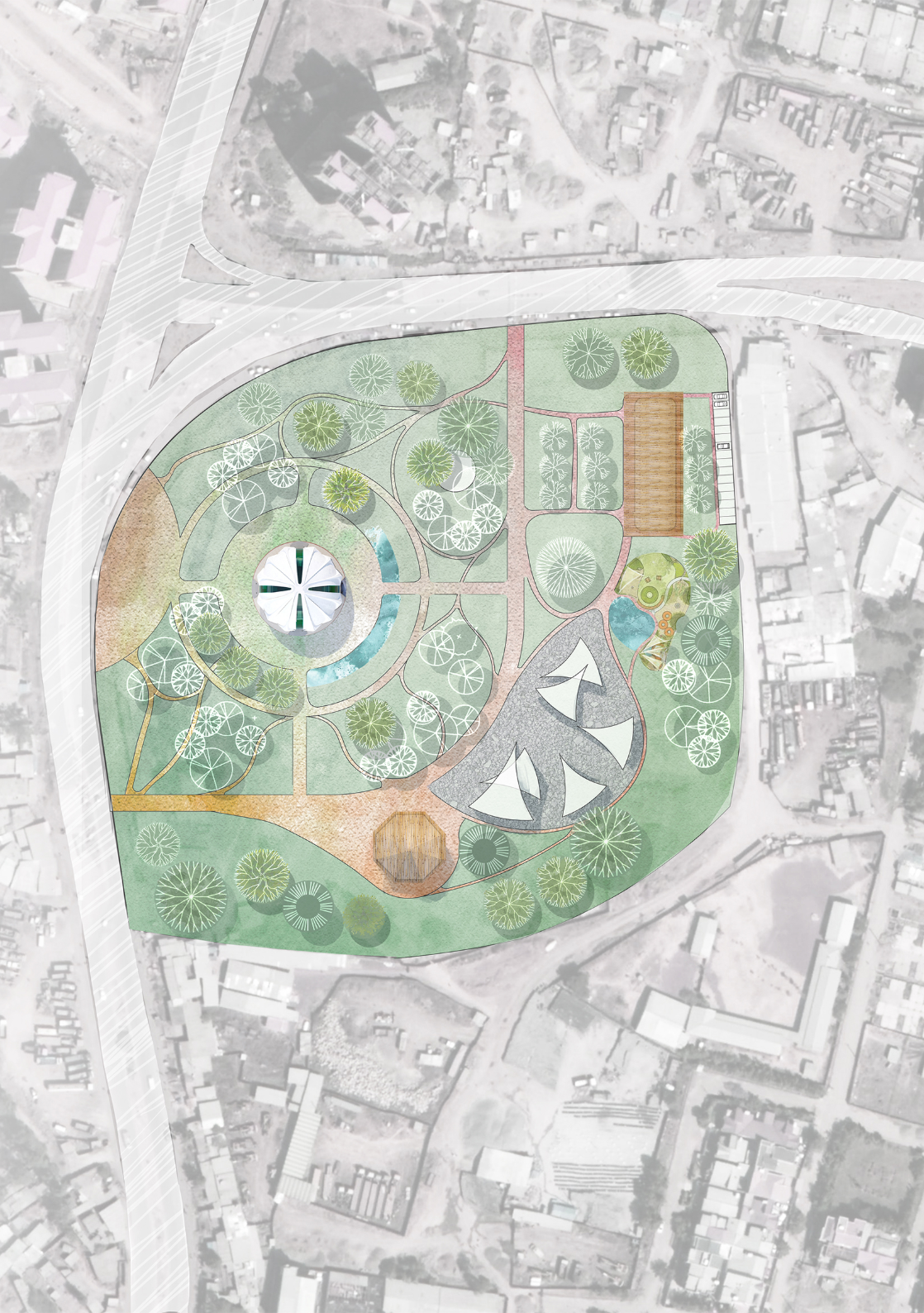 The site plan organizes chapel, garden, playground, tents, water, and community facilities into one nature-friendly urban refuge.