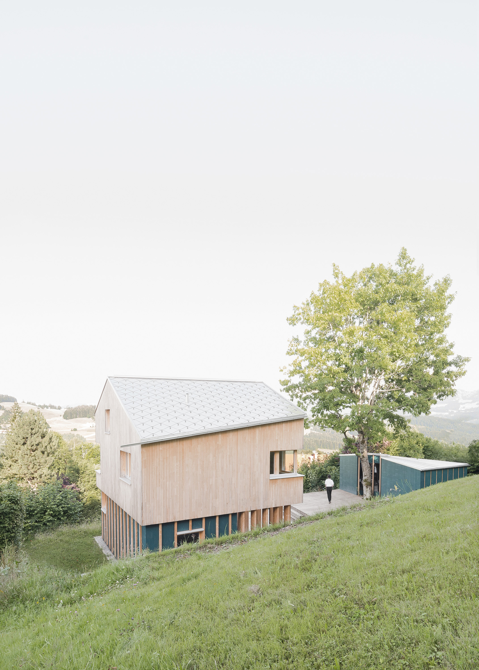 Side view of the timber-clad gabled volume elevated on vertical slats above a grassy slope