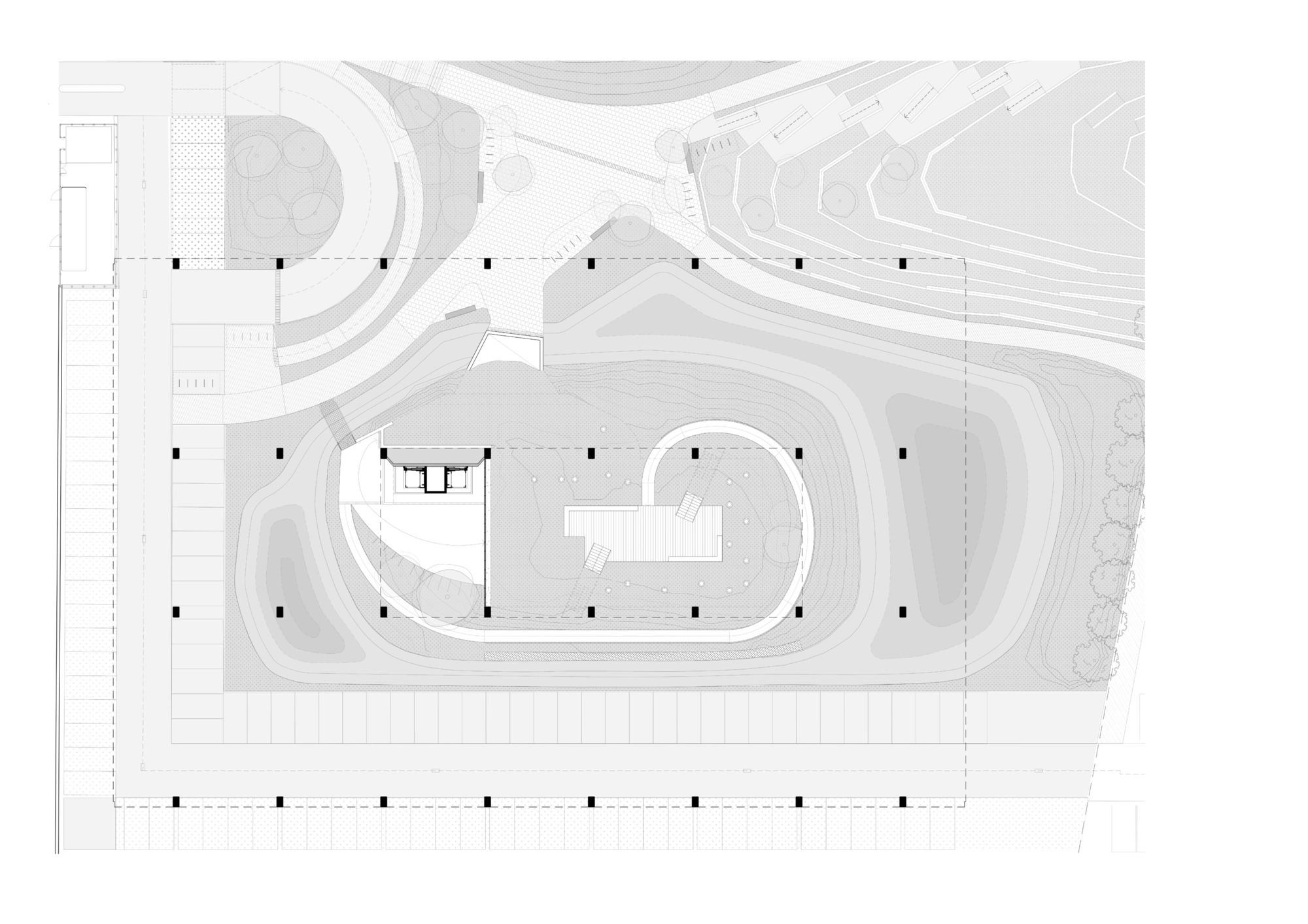 Site plan drawing showing the elevated structure footprint with surrounding topographic contours and road alignments