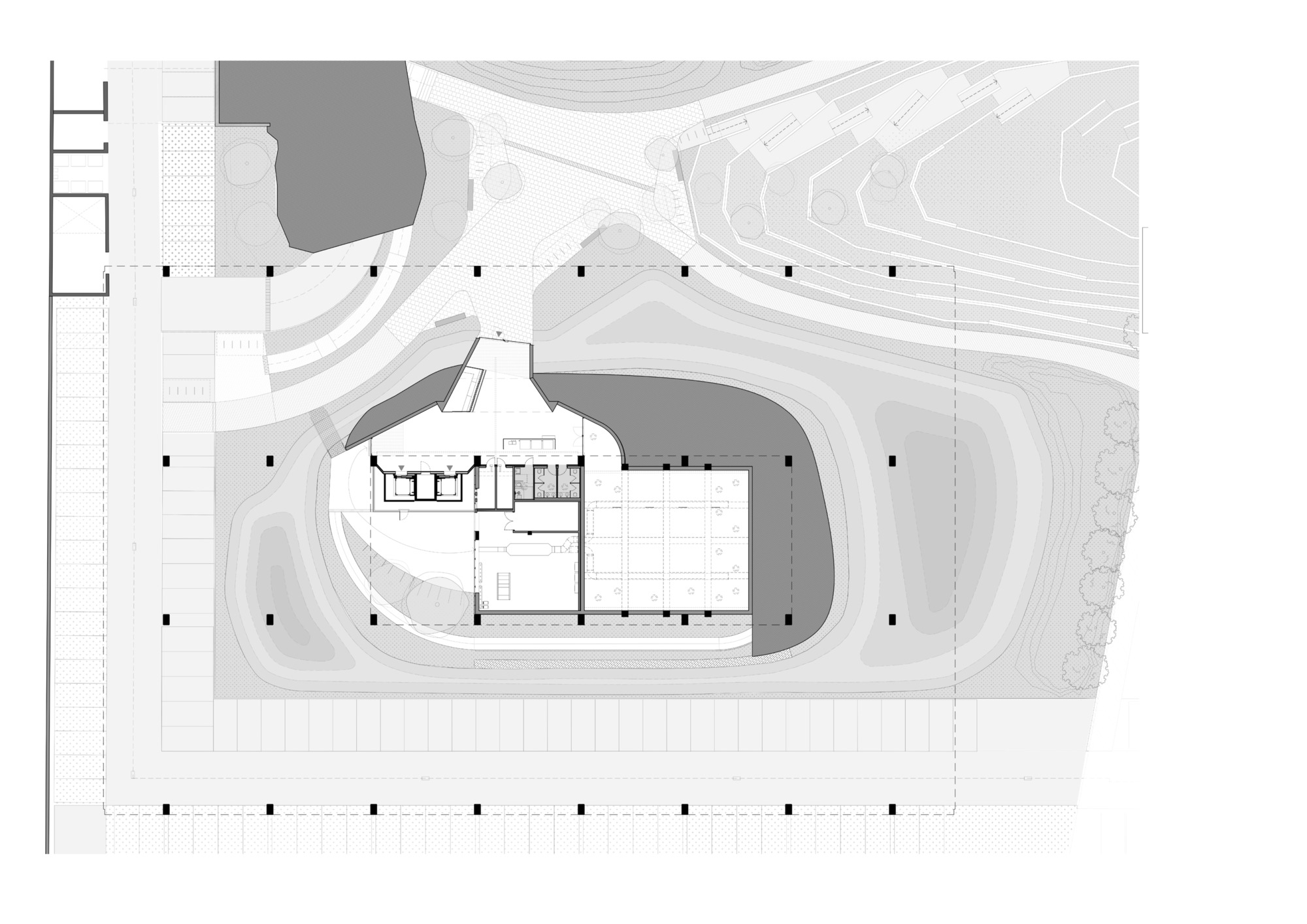Site plan drawing with phasing diagram showing the structure in darker shading within landscaped terraces