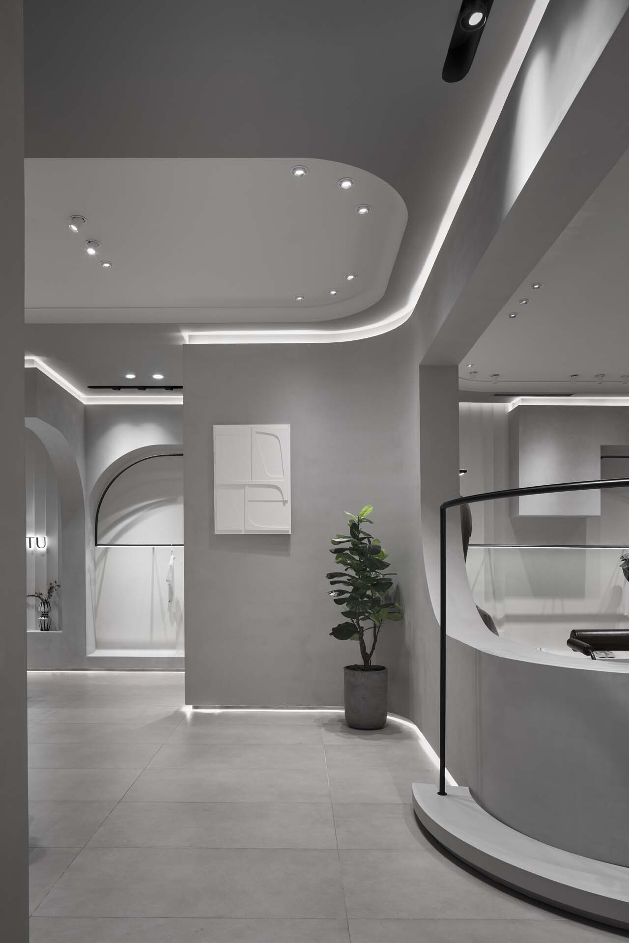 Hallway view with potted plant flanked by curved display counters and coffered ceiling above