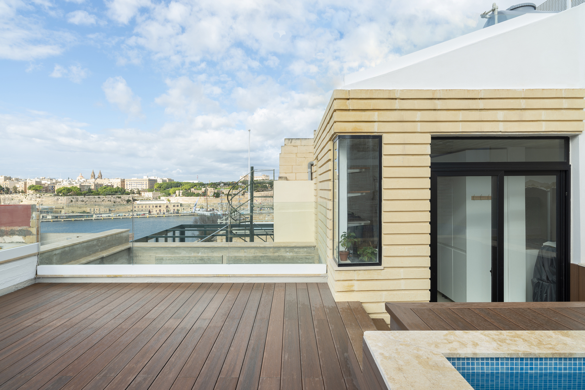 Rooftop terrace with timber decking, horizontal wood cladding and a small pool under cloudy skies