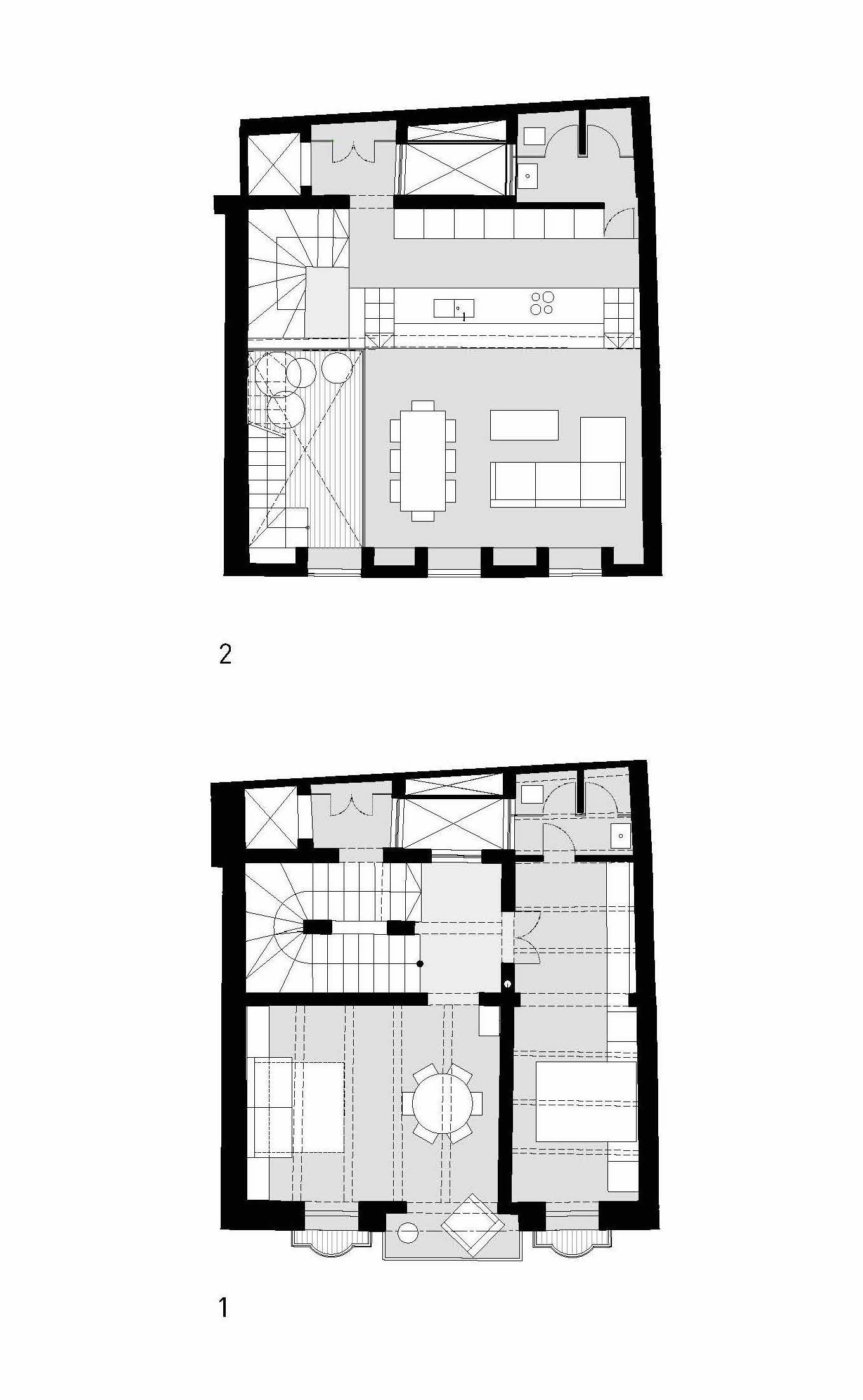 Floor plan drawings showing upper levels with open living space and terrace with planted edge