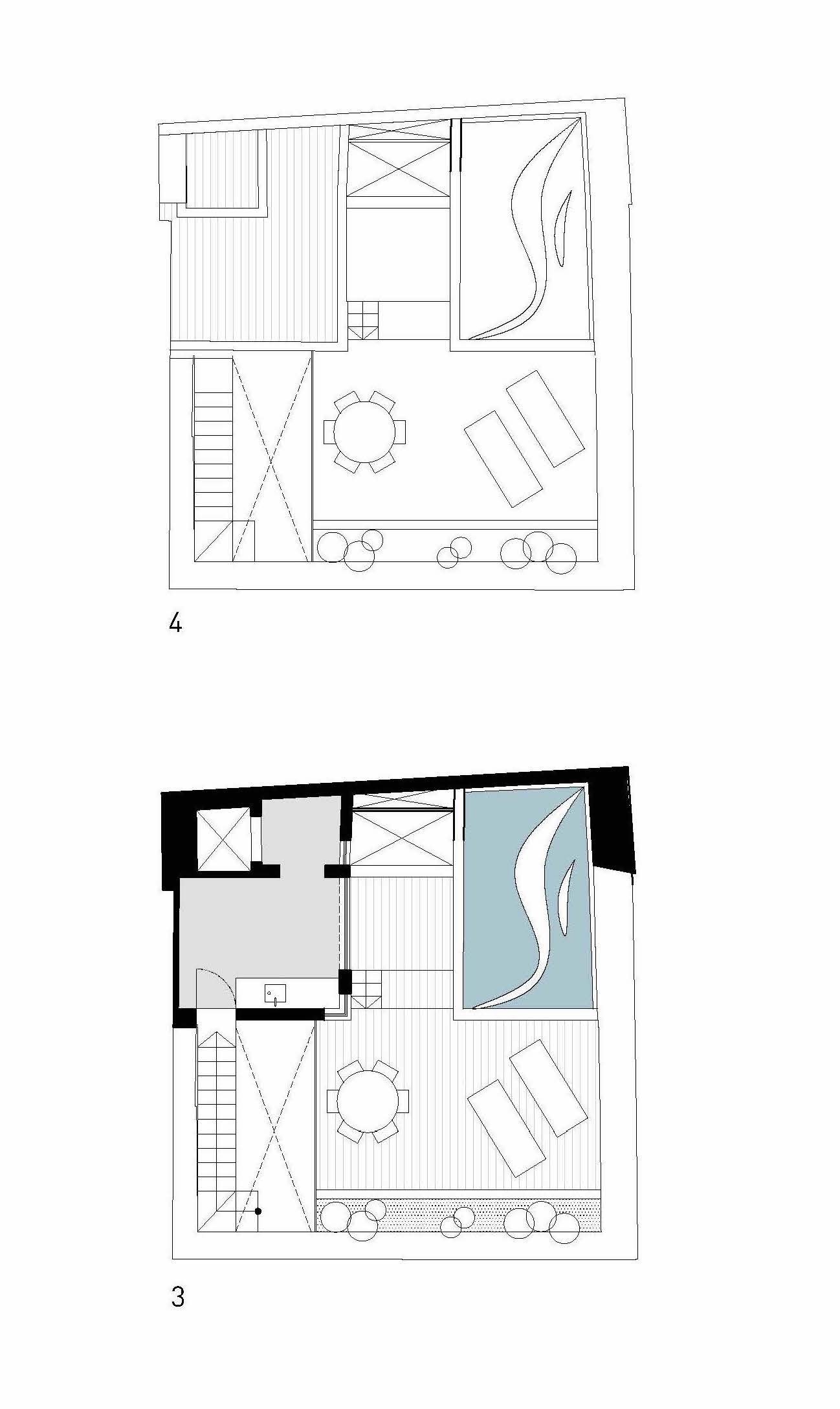 Floor plan drawings showing roof terrace level with pool and outdoor dining area