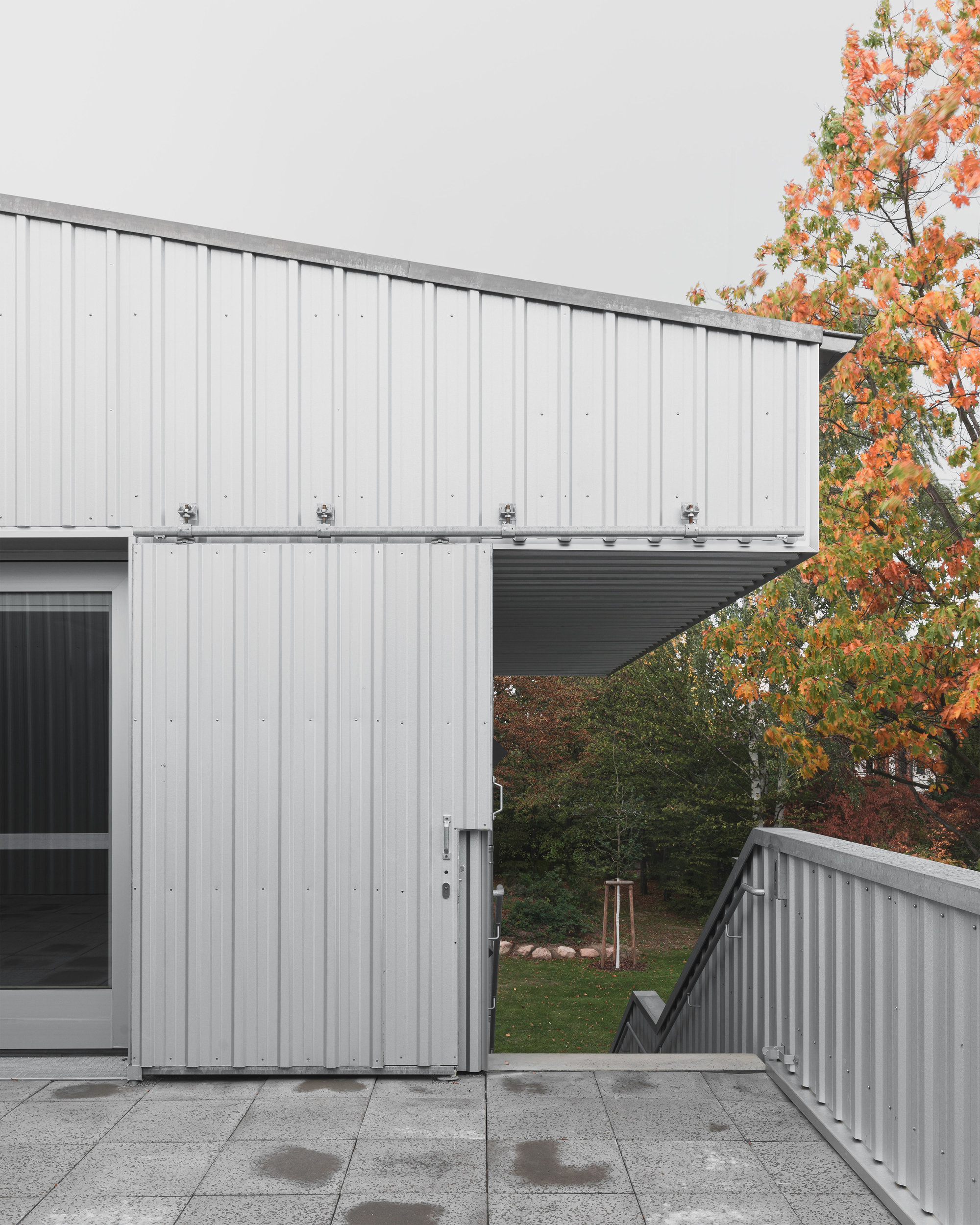 Cantilevered volume clad in vertical metal panels with autumn trees behind