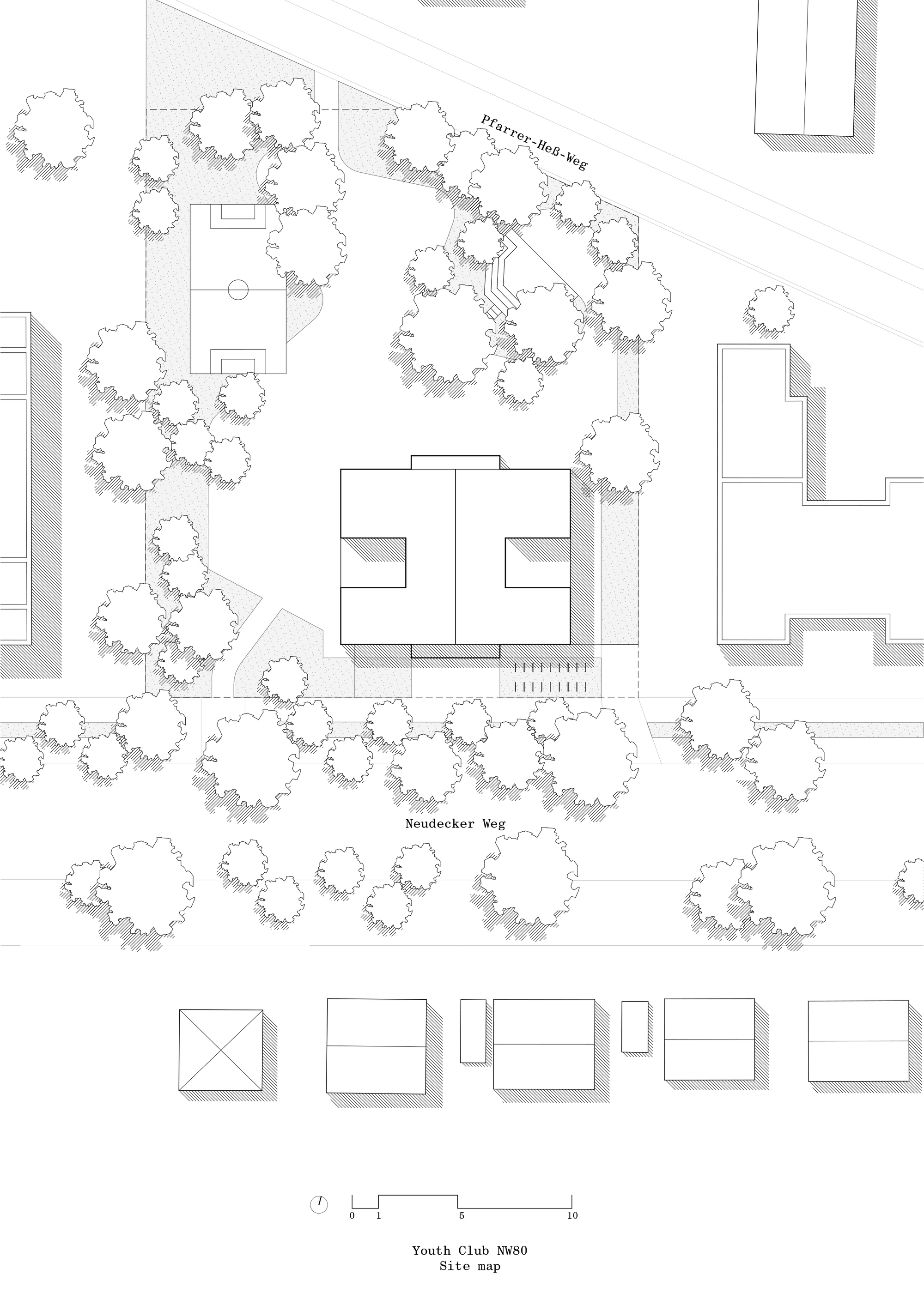 Site plan drawing showing a rectangular building with pitched roof surrounded by tree canopies and pedestrian paths