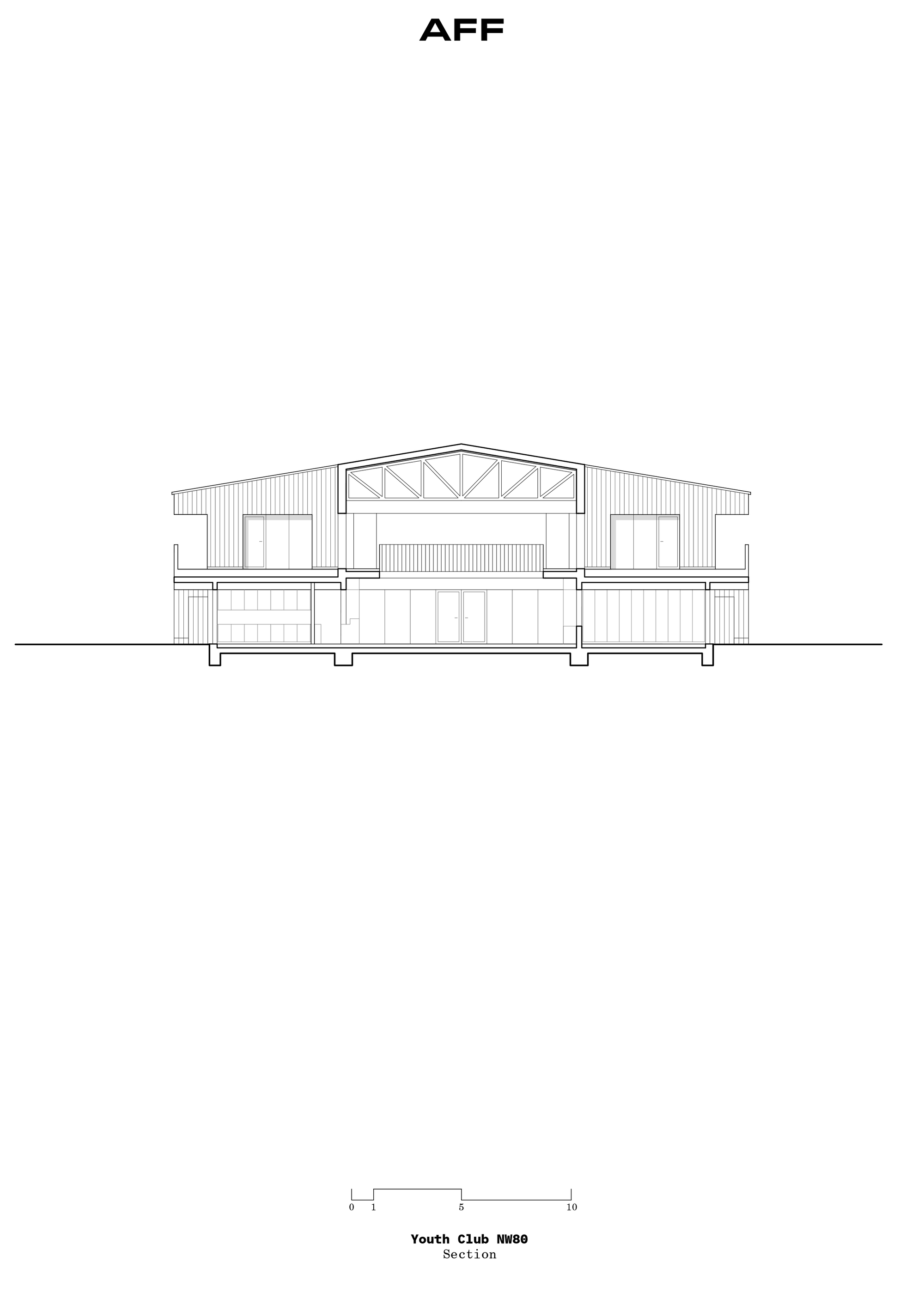 Section drawing showing a gabled building with exposed roof trusses and mezzanine levels inside