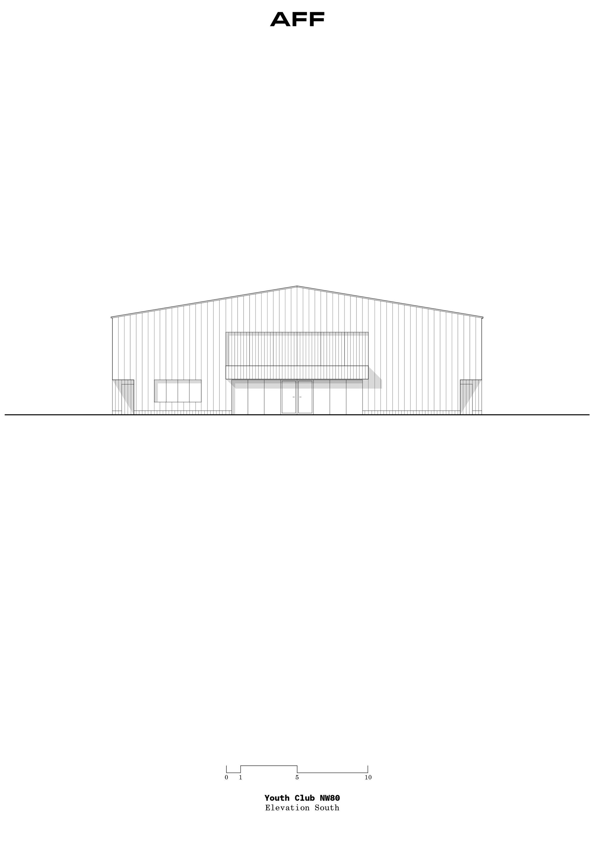 Elevation drawing showing a gabled structure with vertical cladding and a central rectangular window opening