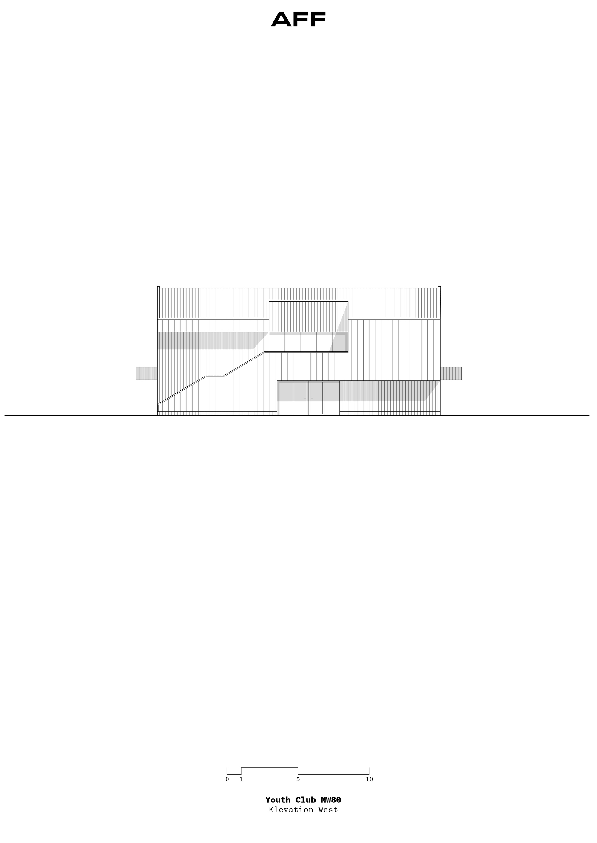 Elevation drawing showing stepped volumes with vertical cladding and a curving entry canopy