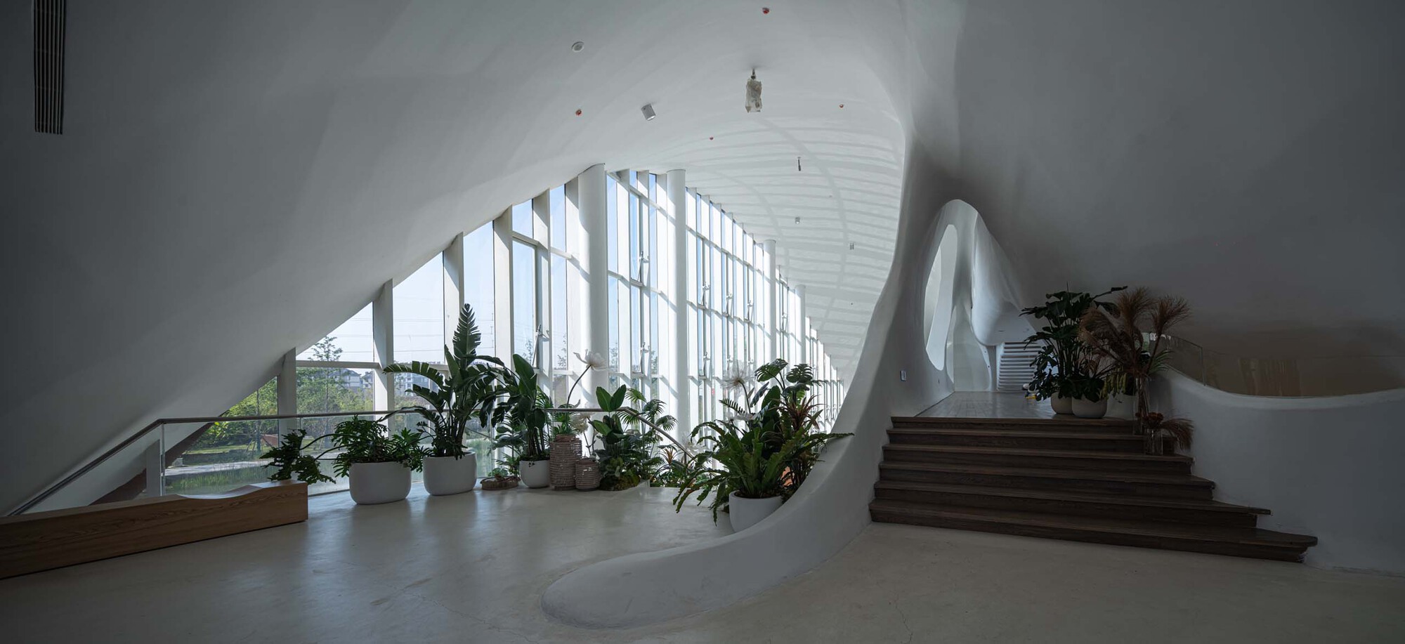 Interior lobby with potted plants along floor-to-ceiling windows and timber staircase under vaulted ceiling