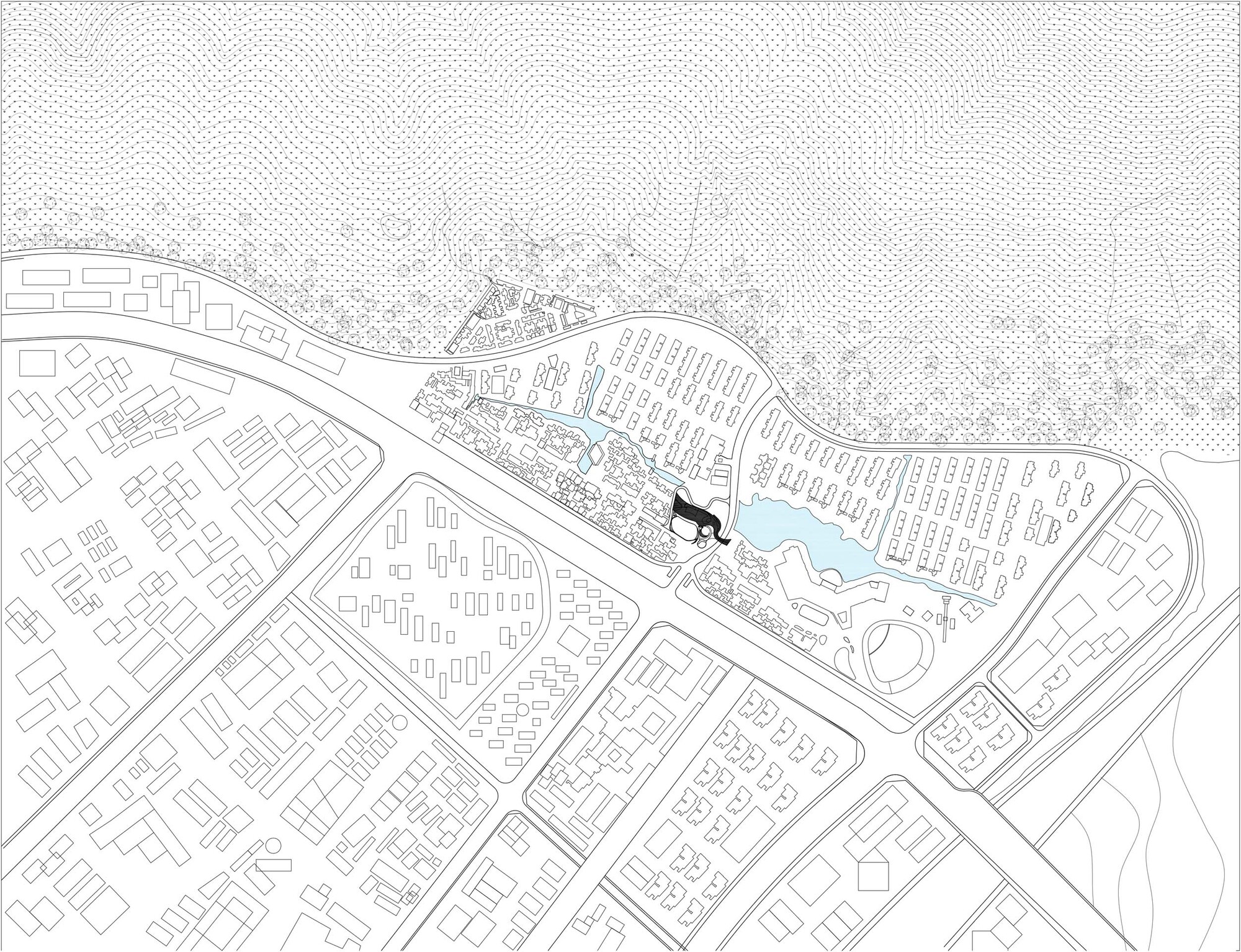 Site plan drawing showing building footprint within surrounding street grid and adjacent water feature
