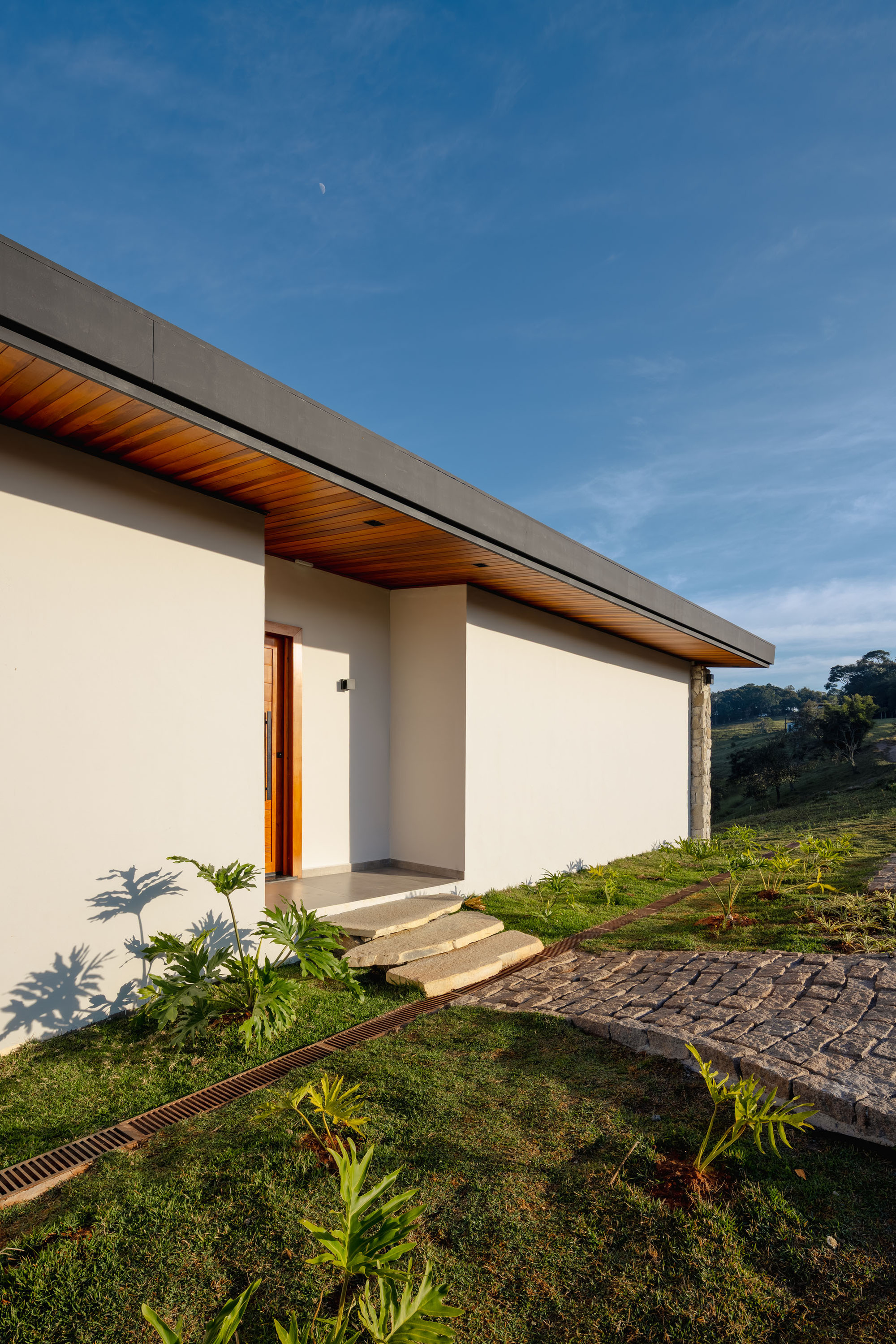 Entry facade with timber-lined soffit and stone accent wall beside a paved walkway at midday