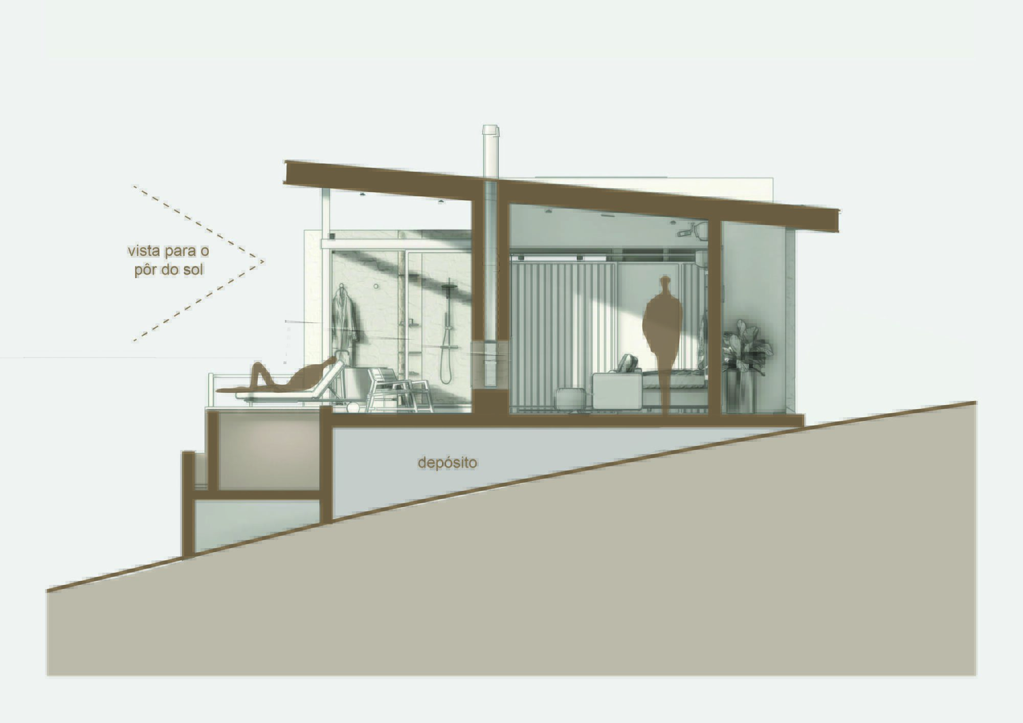 Section drawing revealing interior spaces with glass walls and terrace carved into a sloping hillside