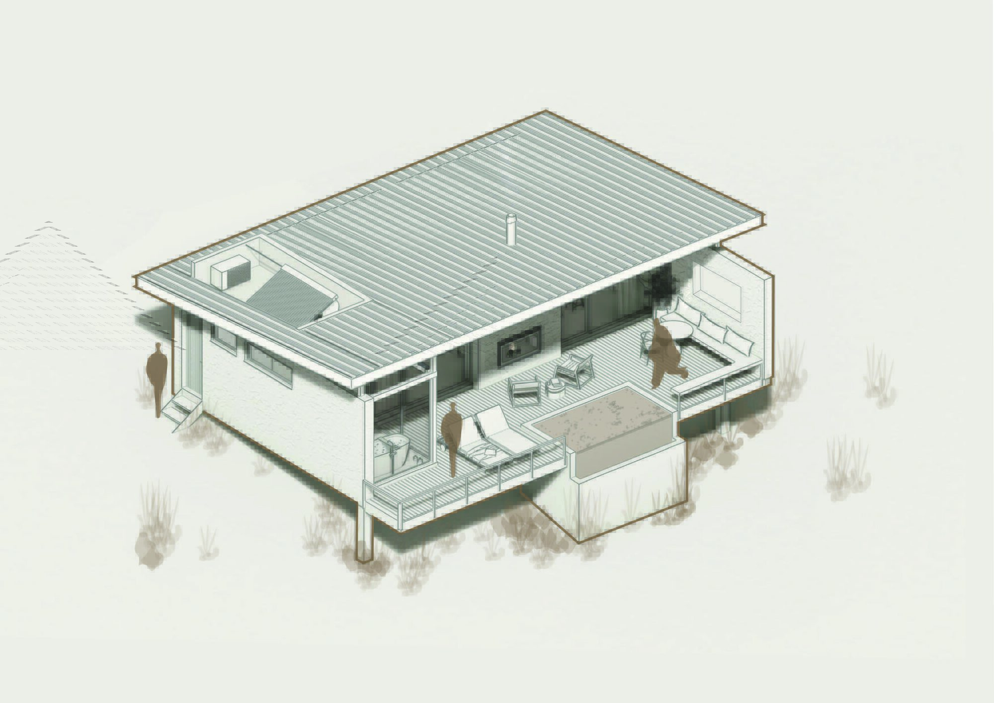Axonometric drawing showing rectangular single-story residence with corrugated metal roof and surrounding vegetation