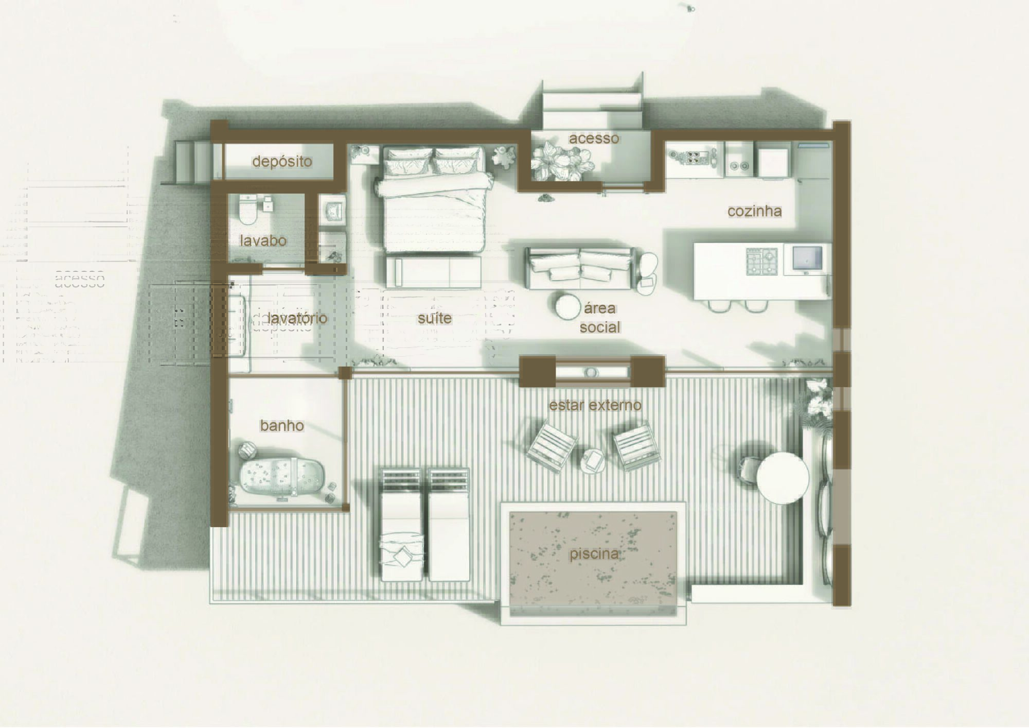 Floor plan drawing illustrating open-plan suite and social areas with exterior pool terrace