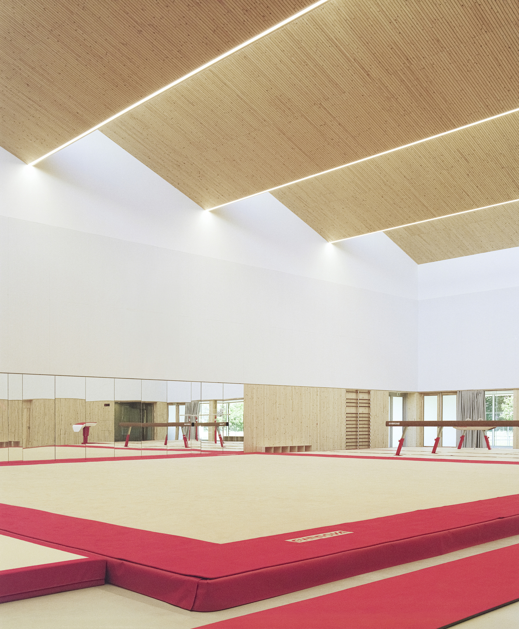 Interior view showing woven ceiling panels with linear lighting slots above the gymnastics floor