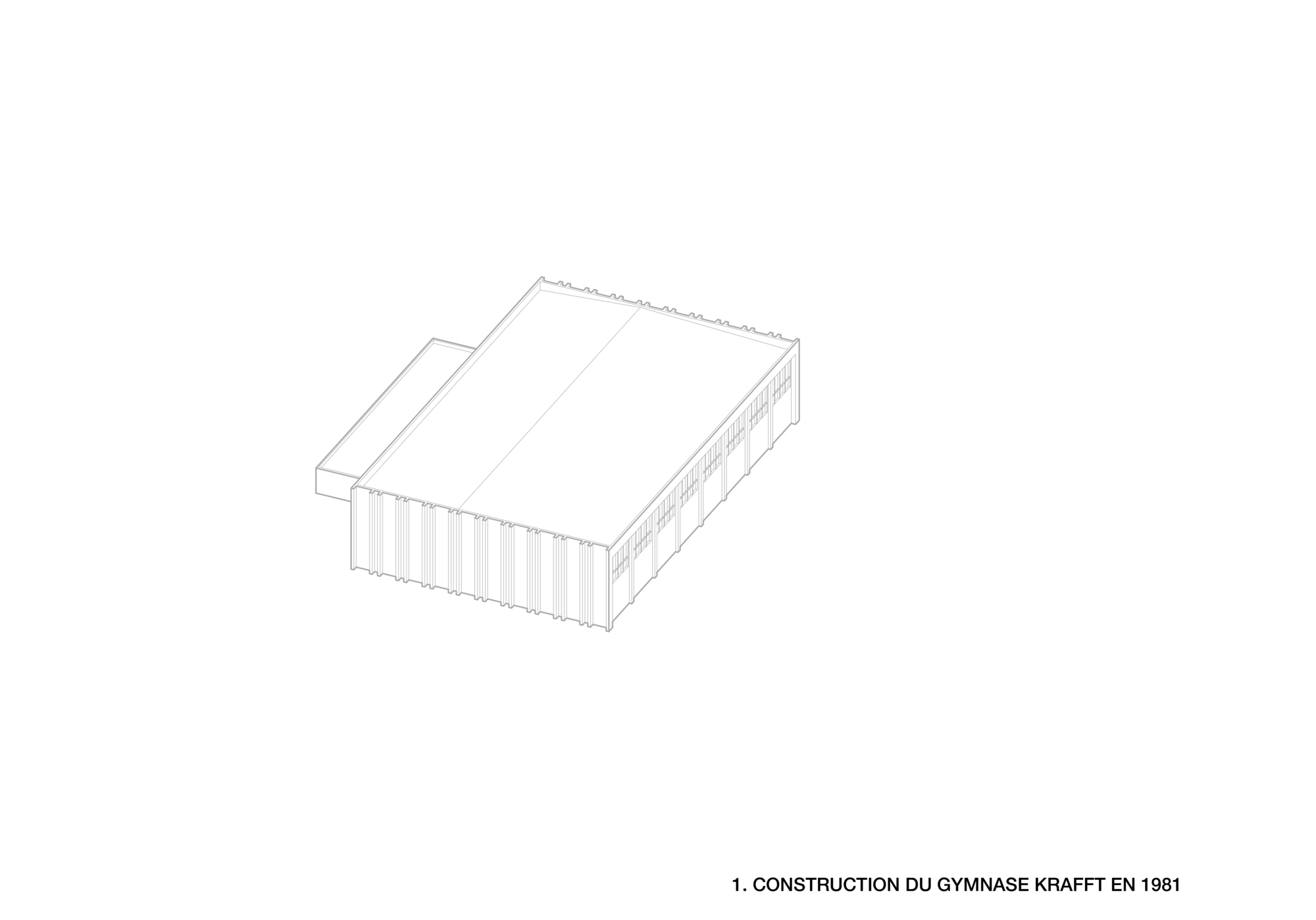 Axonometric drawing showing a single rectangular volume with vertical slot fenestration on one side