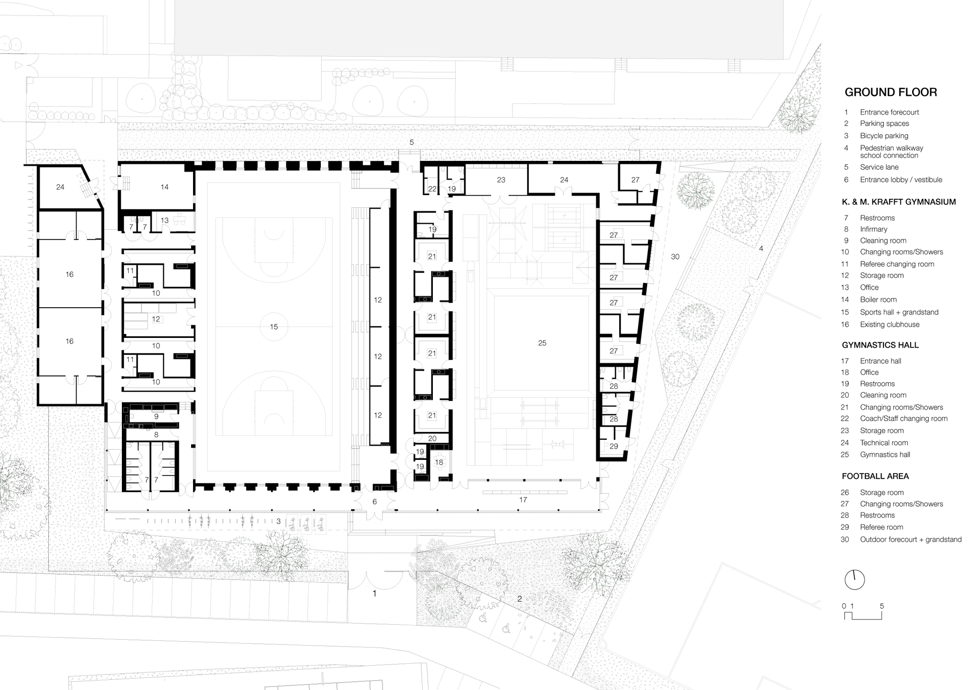 Ground floor plan drawing showing gymnasium, classrooms, and football area surrounding a central courtyard