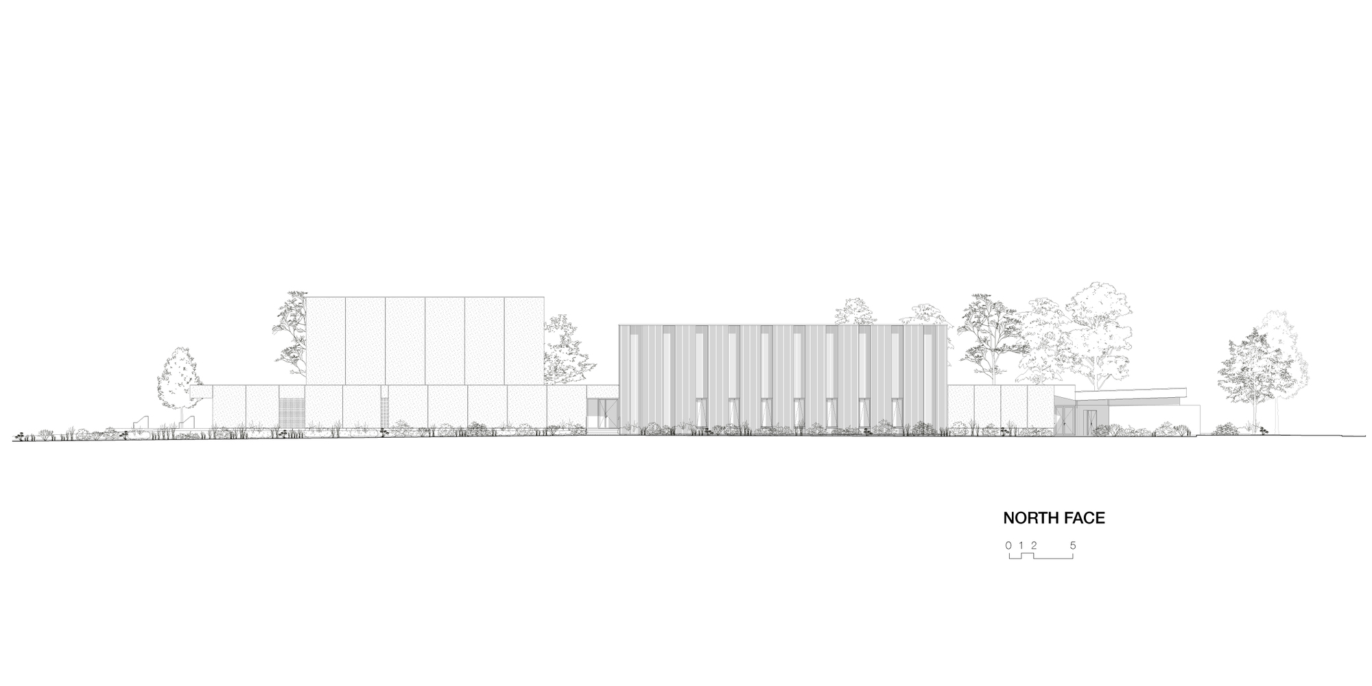 North elevation drawing depicting the facades with vertical cladding and planted landscape beyond