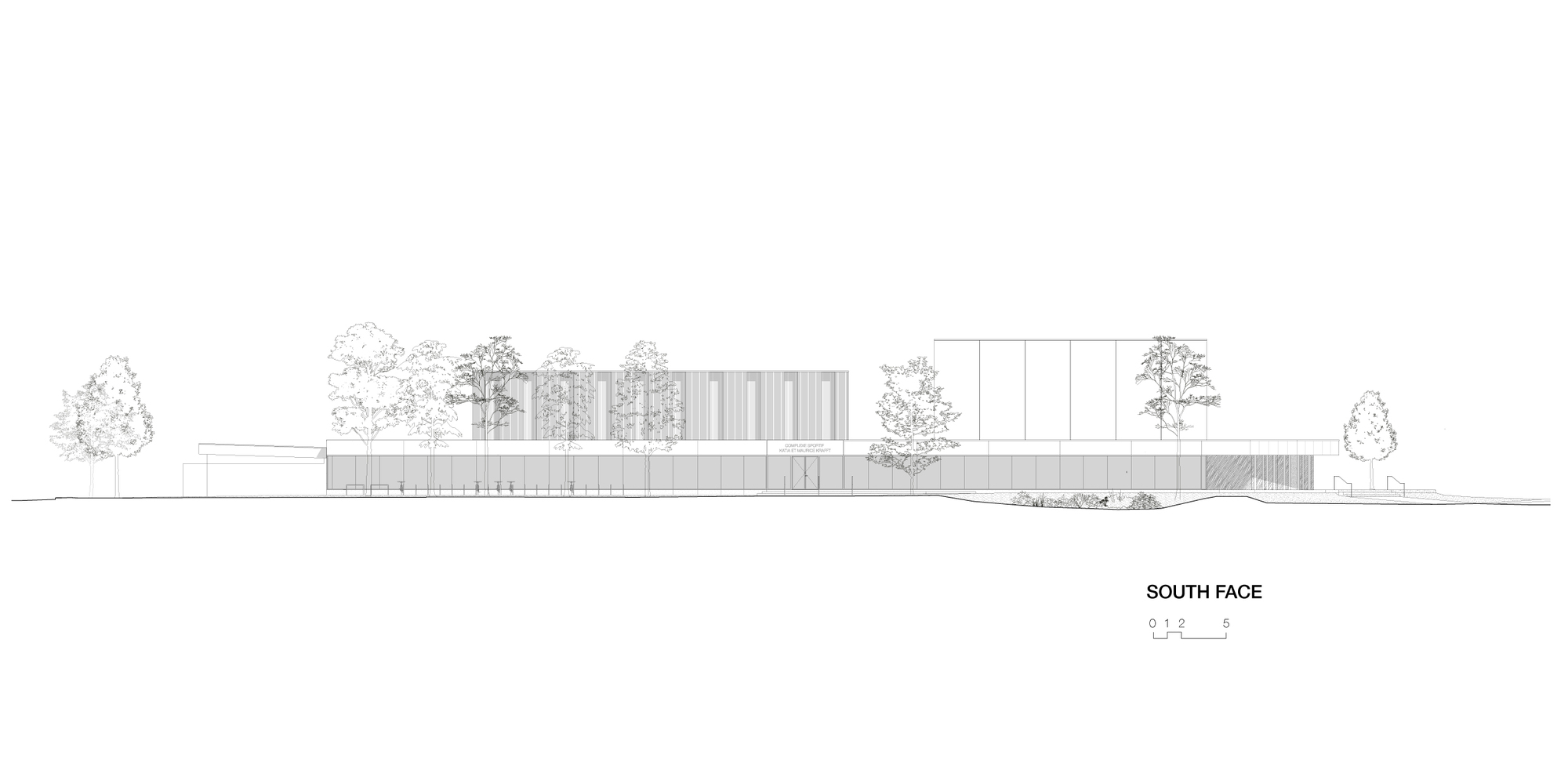 South elevation drawing showing the horizontal massing with vertical panel facades and surrounding trees