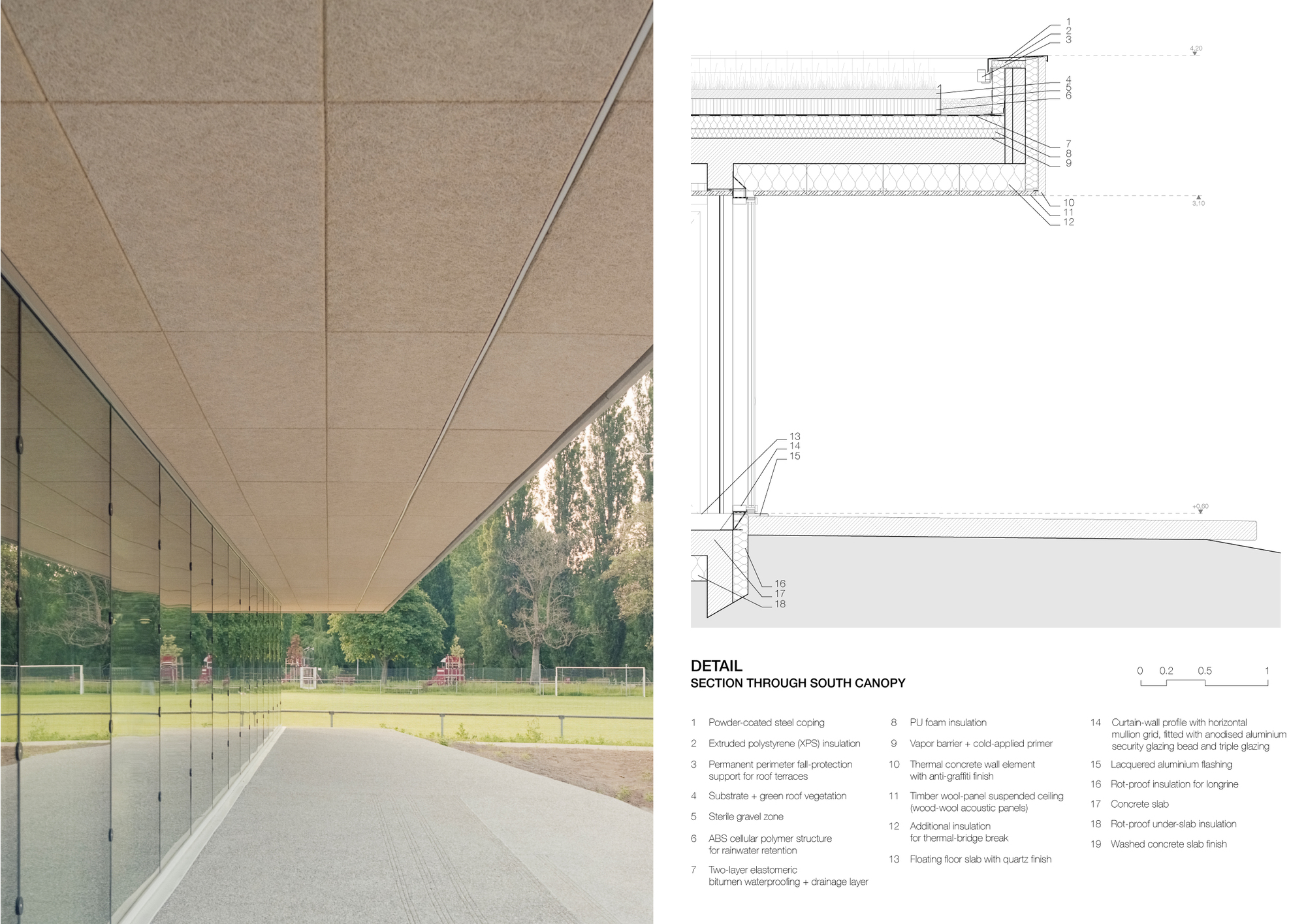 Covered walkway with timber soffit panels and glazed walls looking out to a green playing field