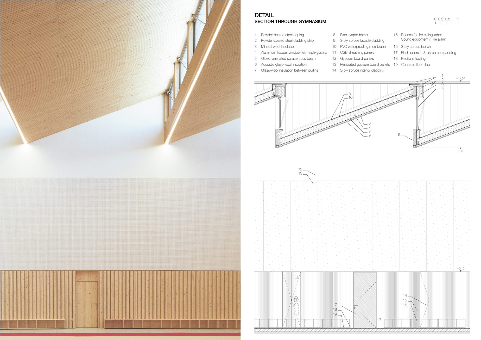 Interior gymnasium wall with timber-clad lower panels and white upper surface beneath exposed timber rafters