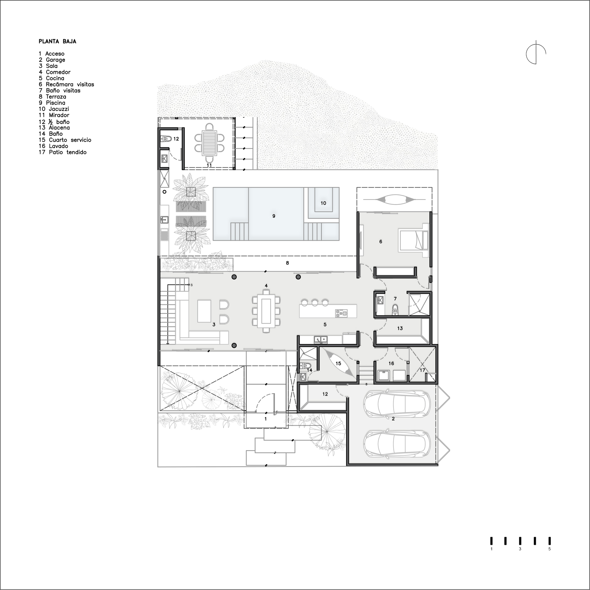 Ground floor plan drawing showing open living areas, courtyards, garage, and room layout around central circulation