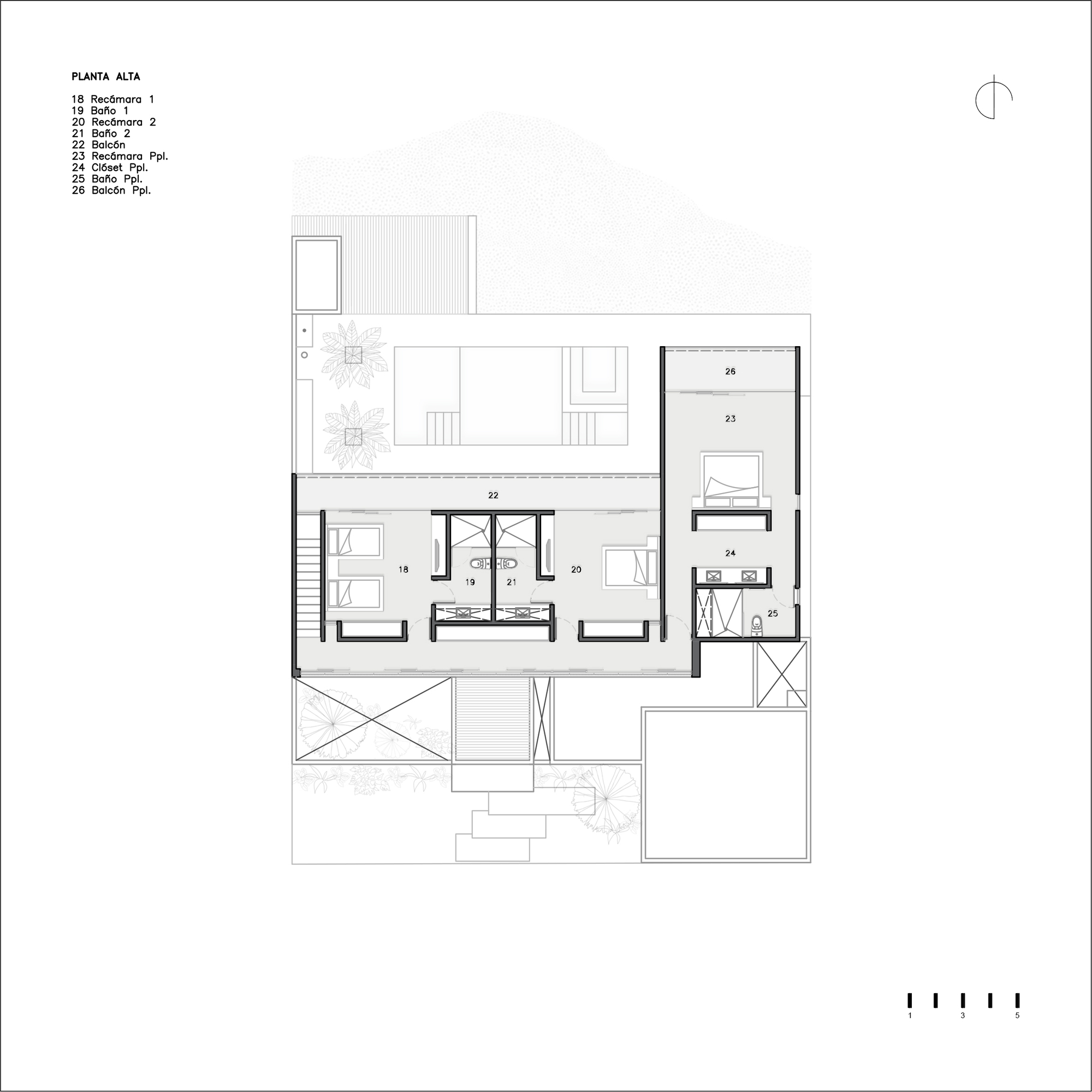Upper floor plan drawing showing bedroom layout with balcony terraces and bathroom facilities