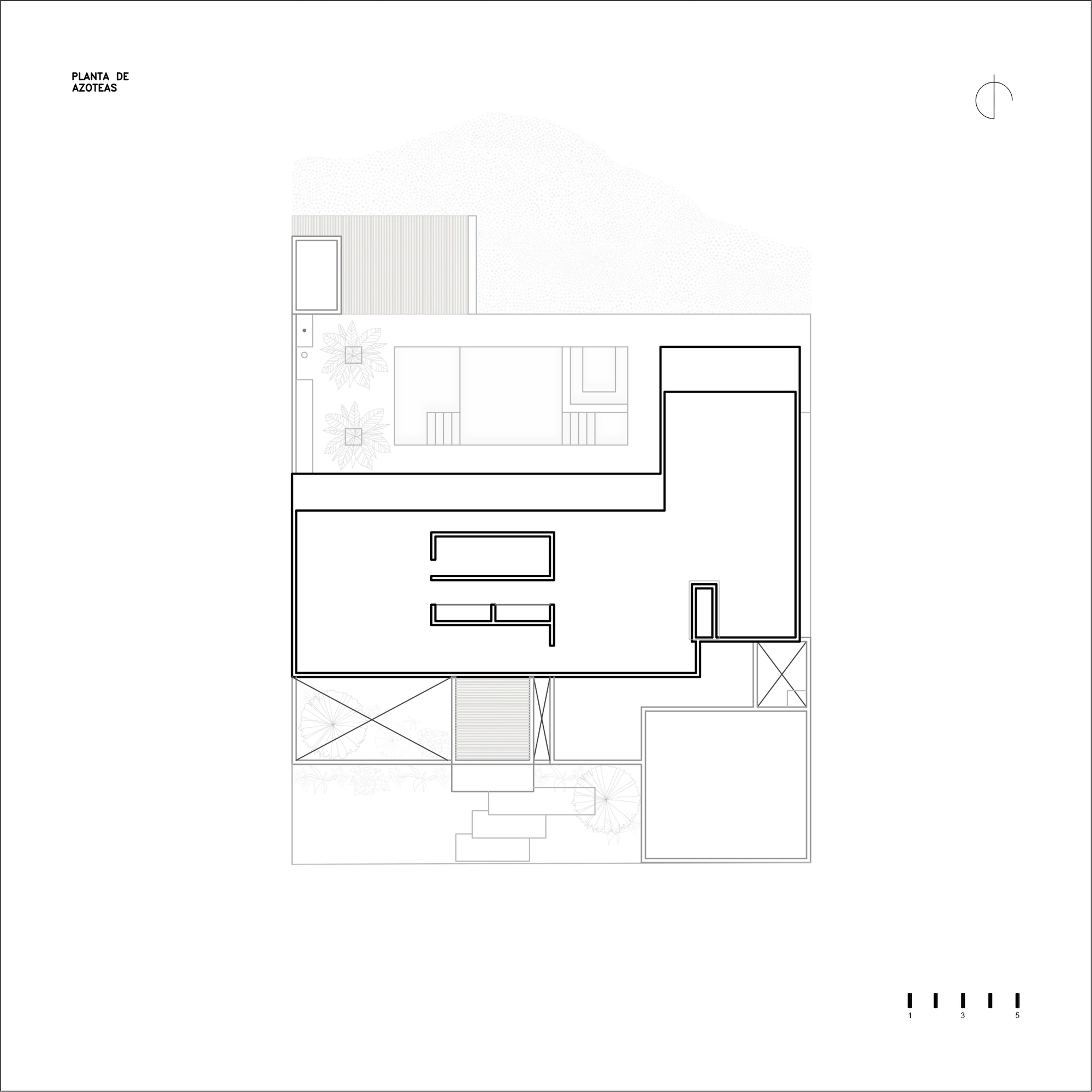 Roof plan drawing showing an L-shaped configuration with a terrace and stair placement