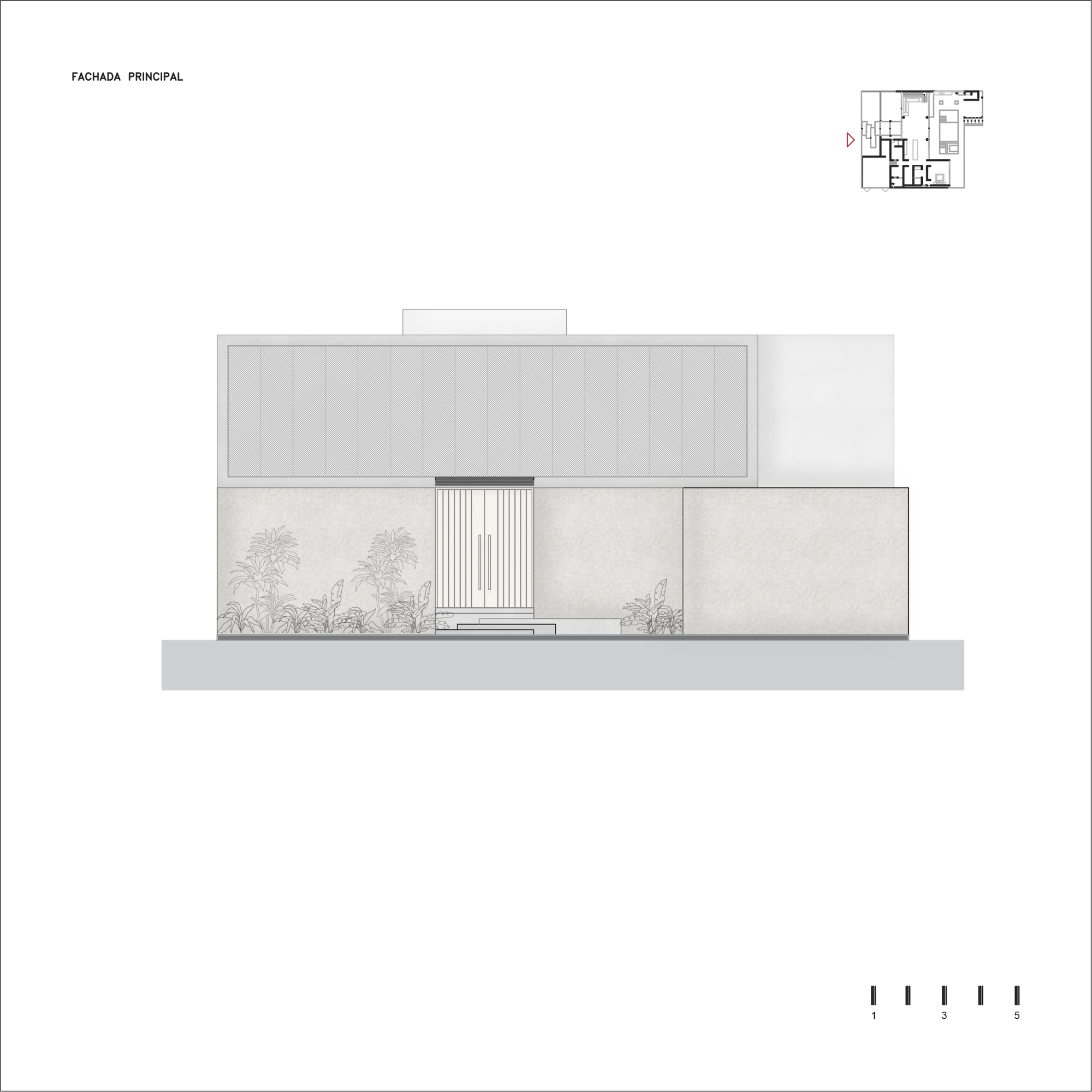 Elevation drawing of the principal facade with vertical slat entrance flanked by planted beds