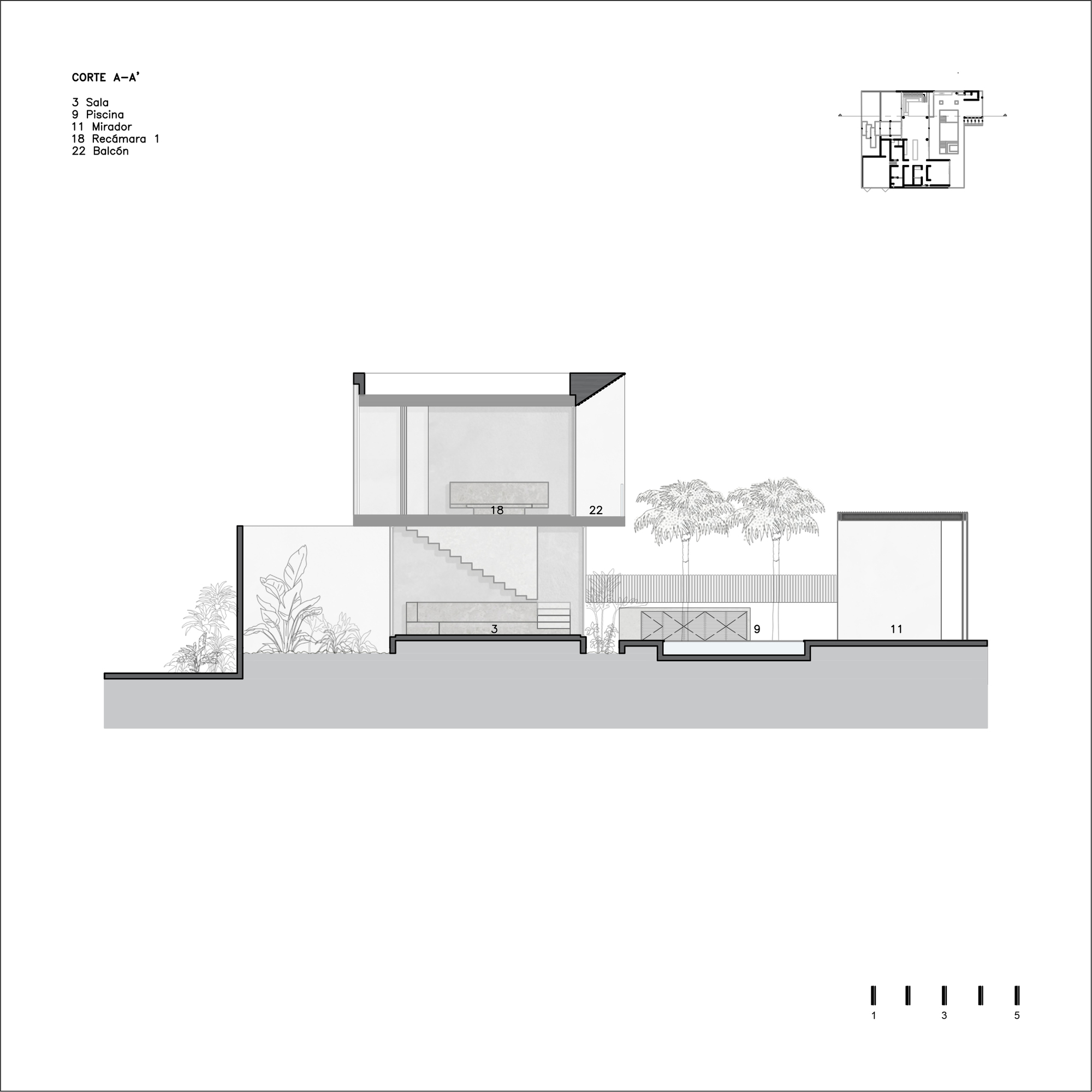 Section drawing through the residence showing a two-story interior with stairs and courtyard tree
