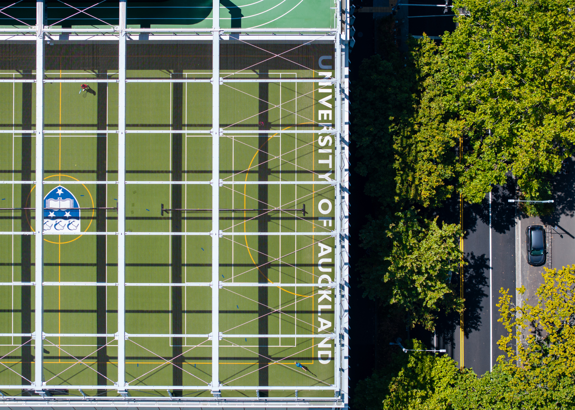 Aerial view of green rooftop sports courts with white grid markings adjacent to tree-lined street