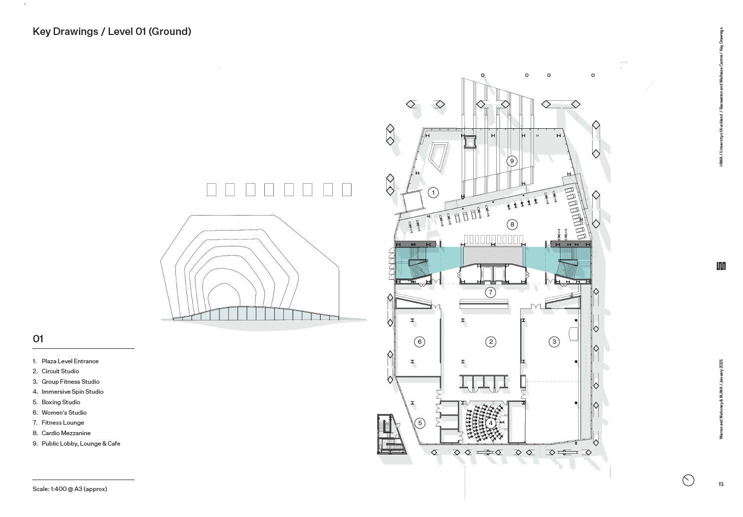 Ground level floor plan drawing showing angular rooms with highlighted zones and numbered spaces