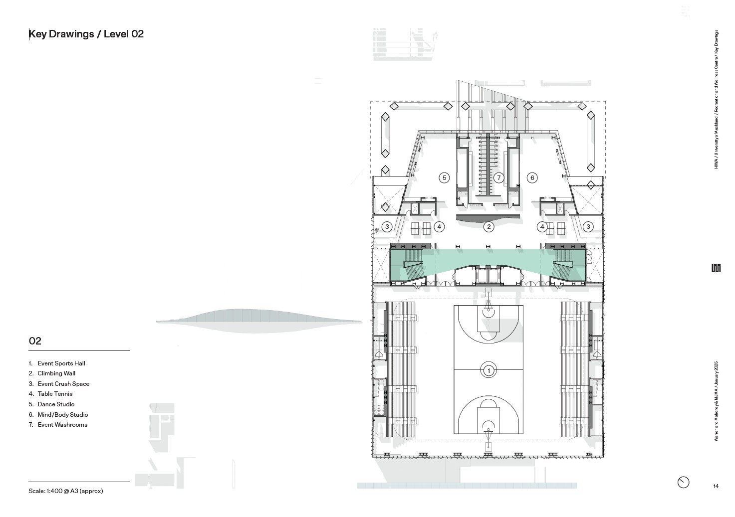 Second level floor plan drawing showing a full basketball court and circulation areas