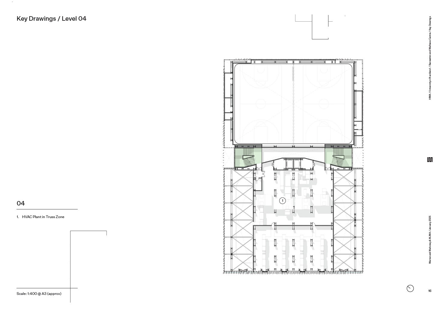 Fourth level floor plan drawing showing an open hall with diagonal cross bracing