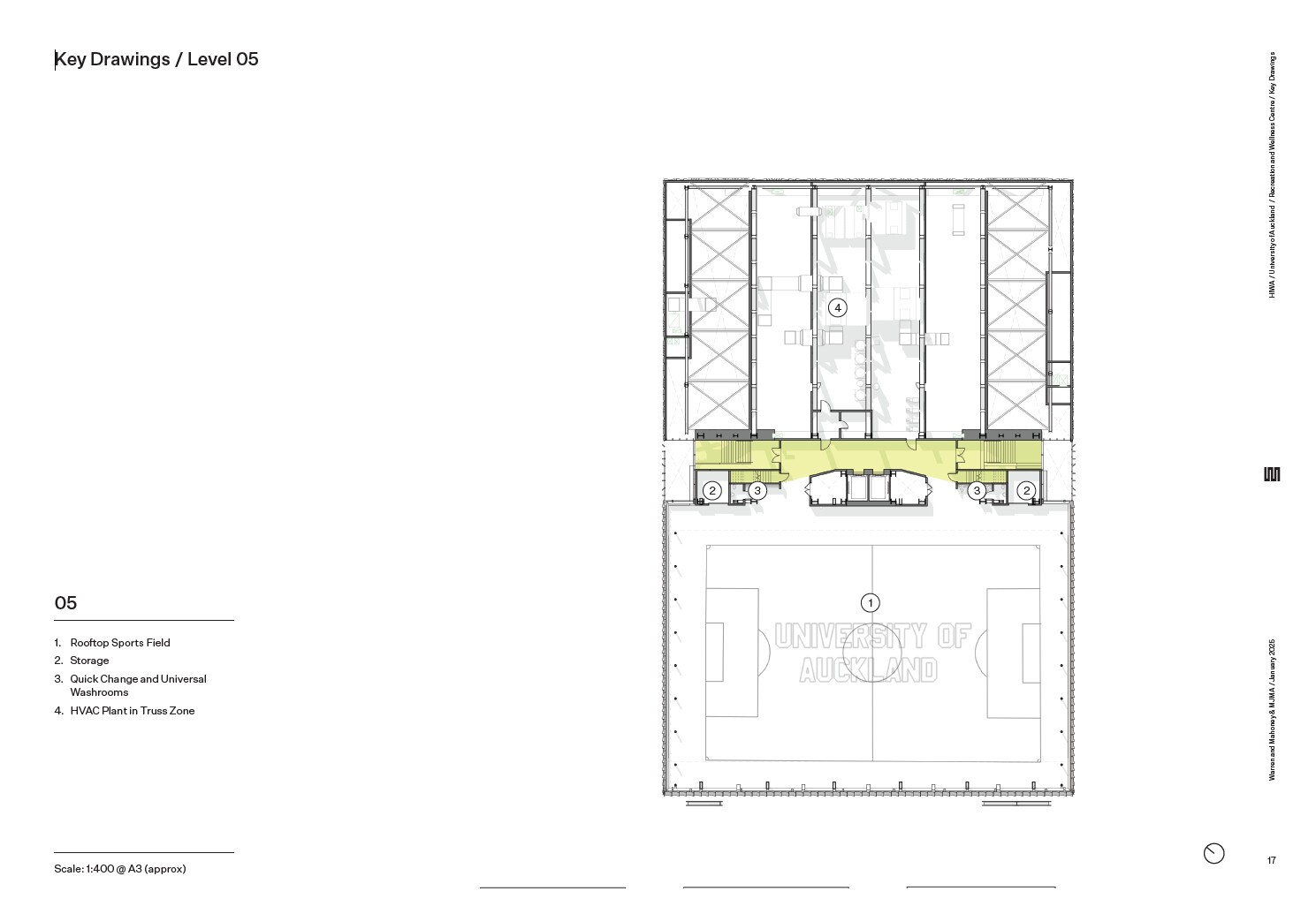 Floor plan showing rooftop sports field with flanking circulation zones highlighted in yellow