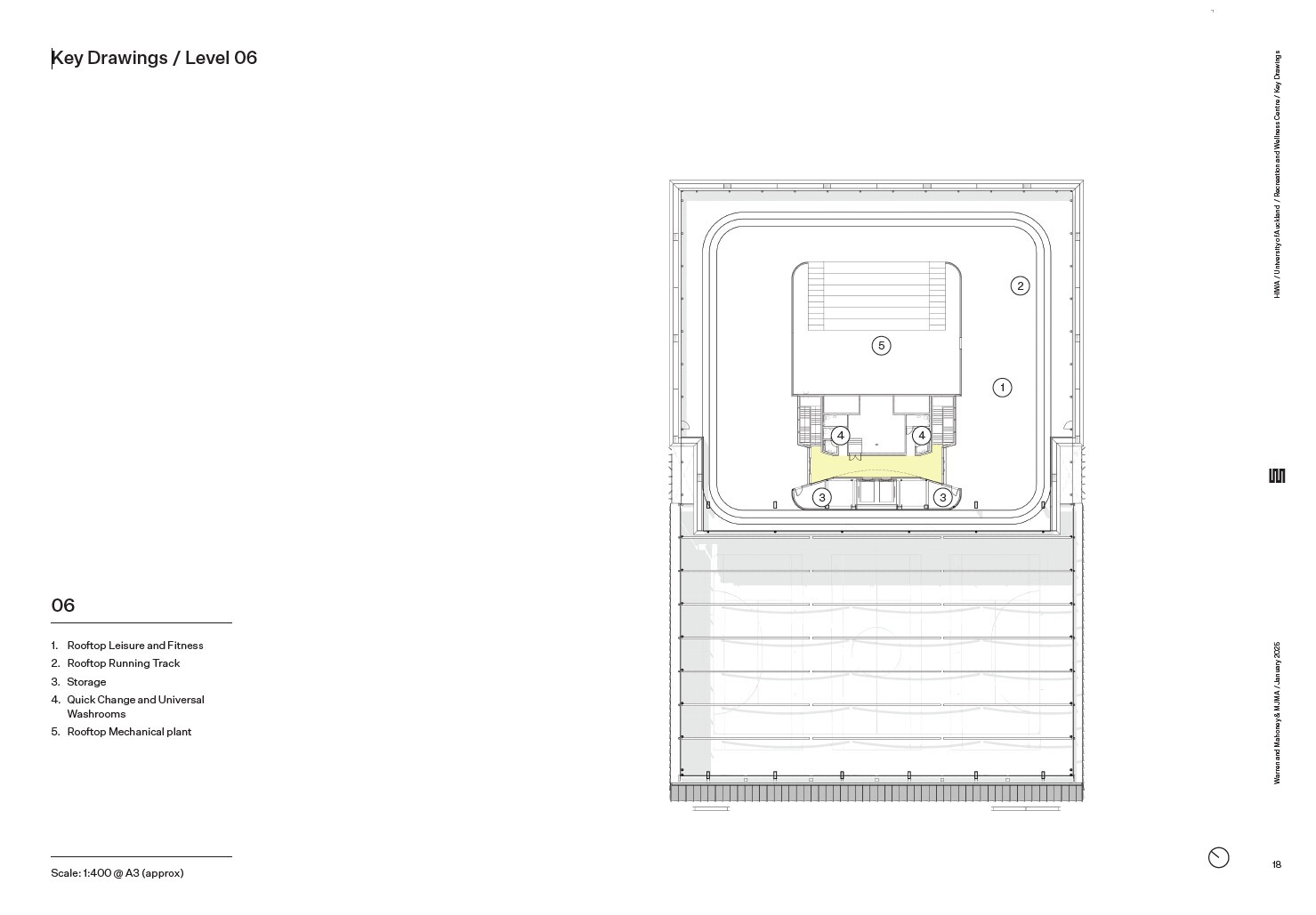 Floor plan showing central rooftop running track loop surrounding mechanical plant and fitness spaces