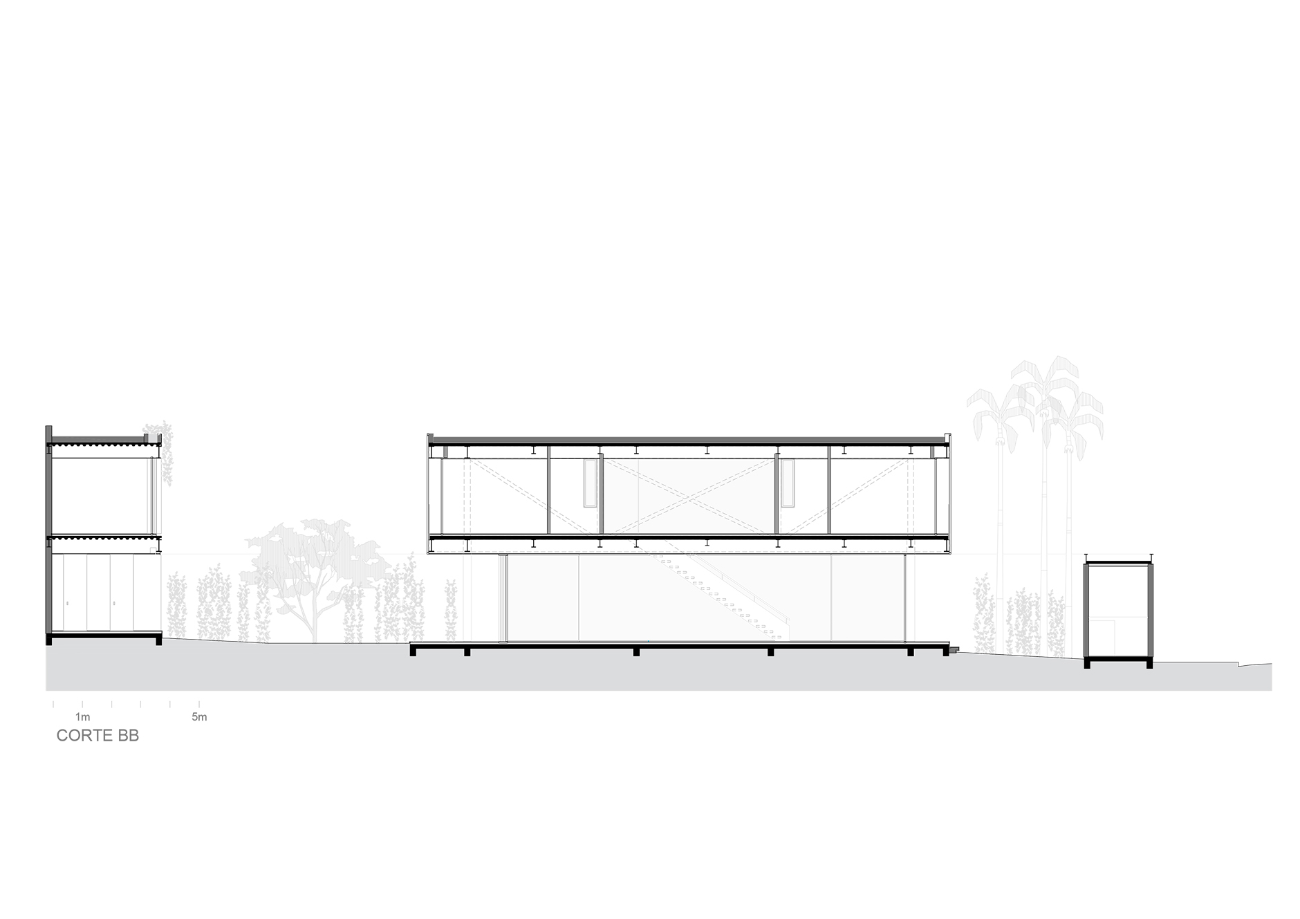 Section drawing showing a two-story volume connected to single-story structures with trees in the background