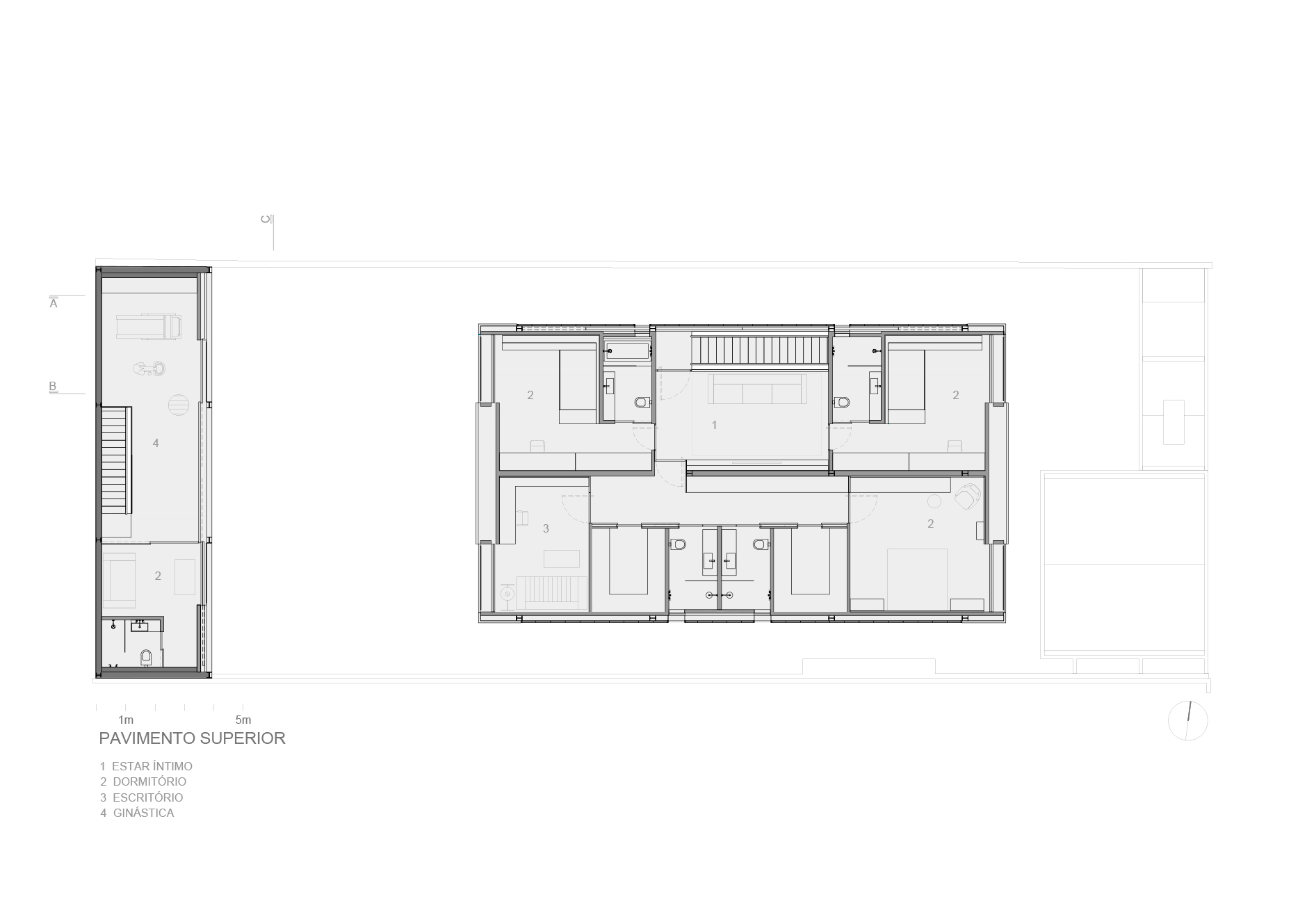 Upper floor plan drawing depicting bedrooms arranged around a central staircase with an attached service wing