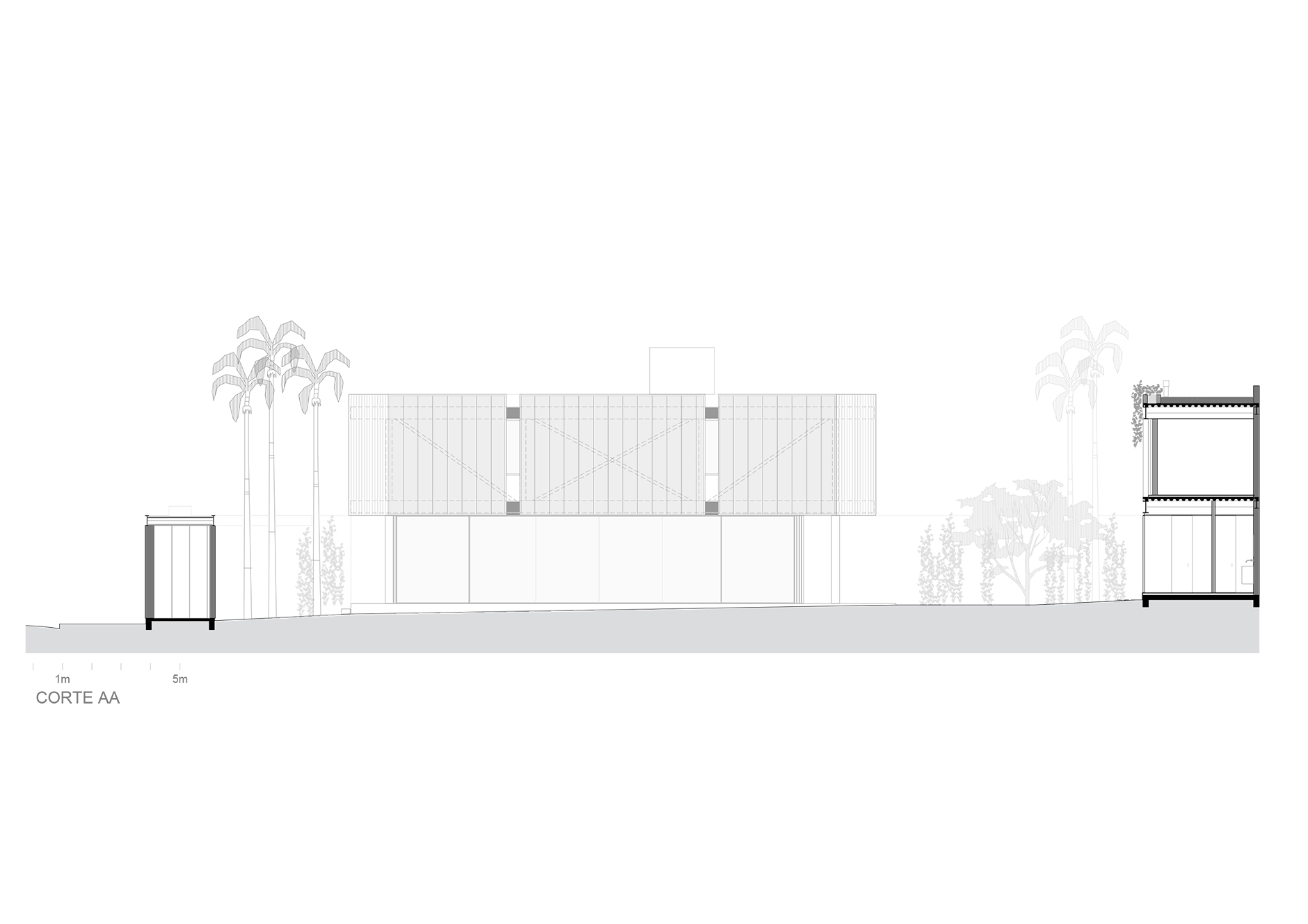 Section drawing showing the main volume with vertical slatted facade flanked by palm trees and auxiliary structures