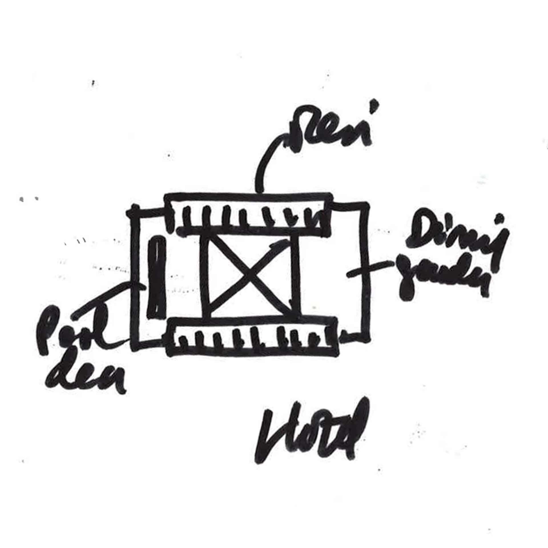 Sketch plan showing a rectangular courtyard with annotated rooms including a dining area and hotel