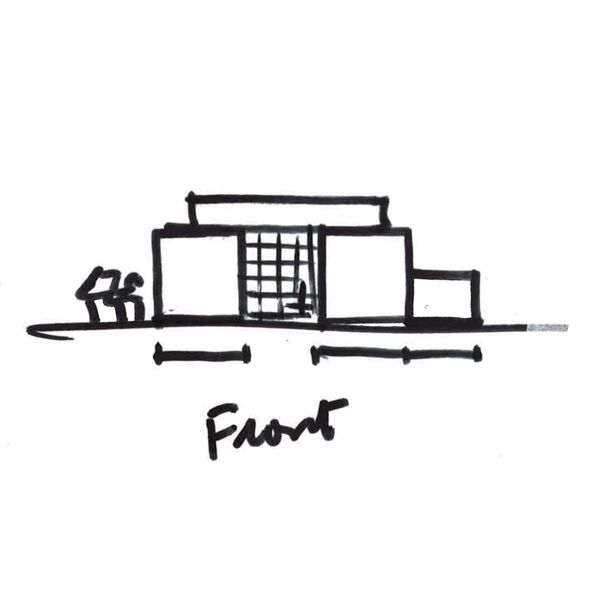 Front elevation sketch showing a single-story building with central grid screen and flanking solid panels