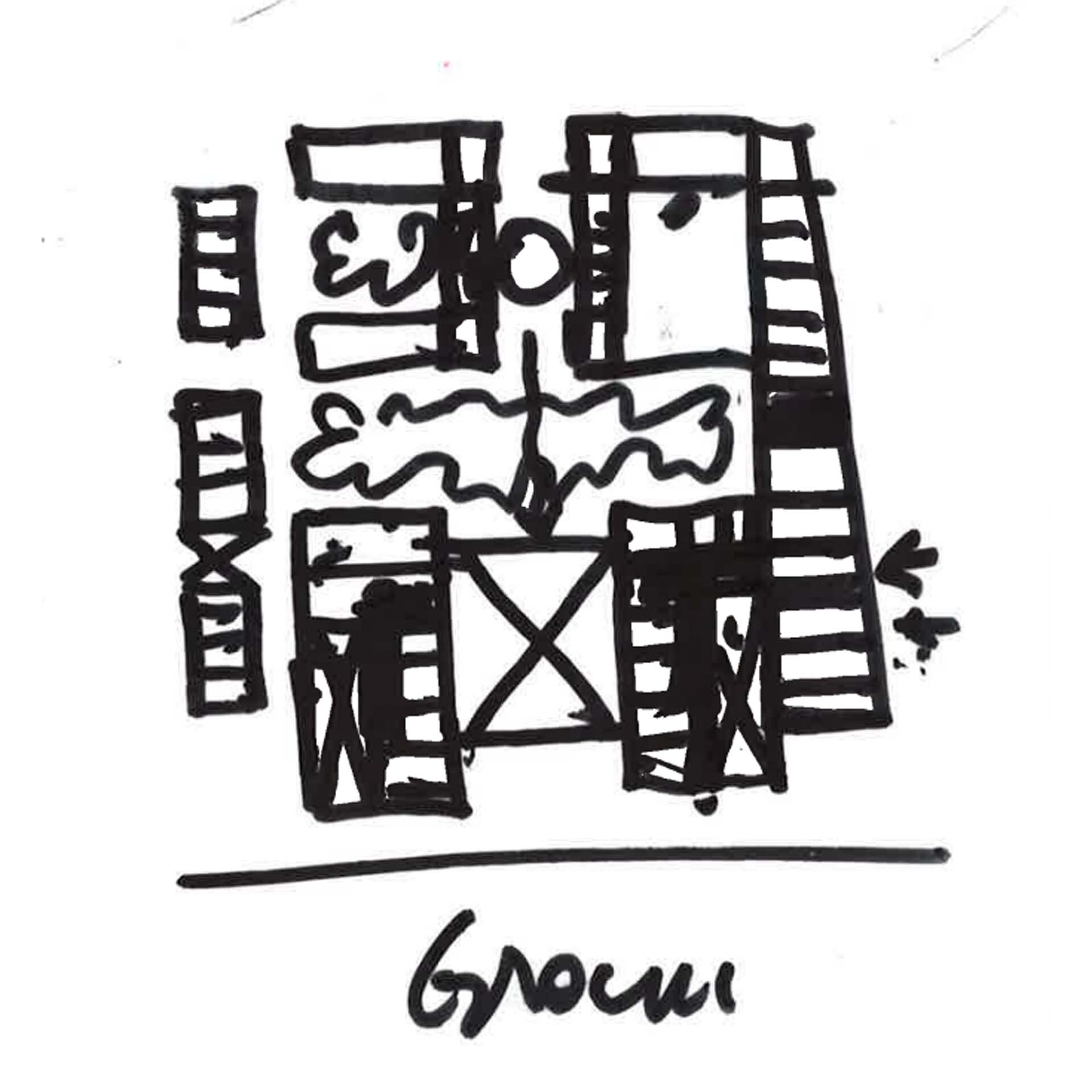 Hand-drawn plan view showing rooms arranged around a central courtyard with a decorative tree element