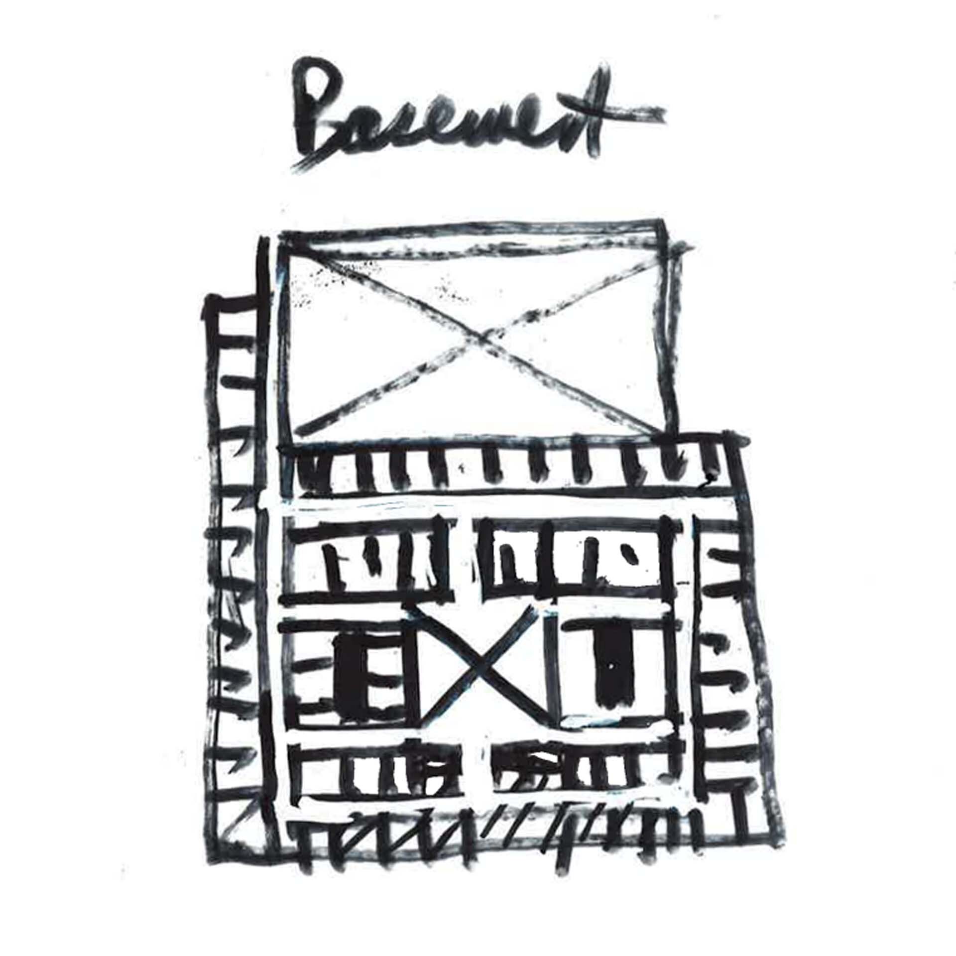 Sketch elevation of a multi-story building with cross-braced panels and vertical ladder-like detailing on sides